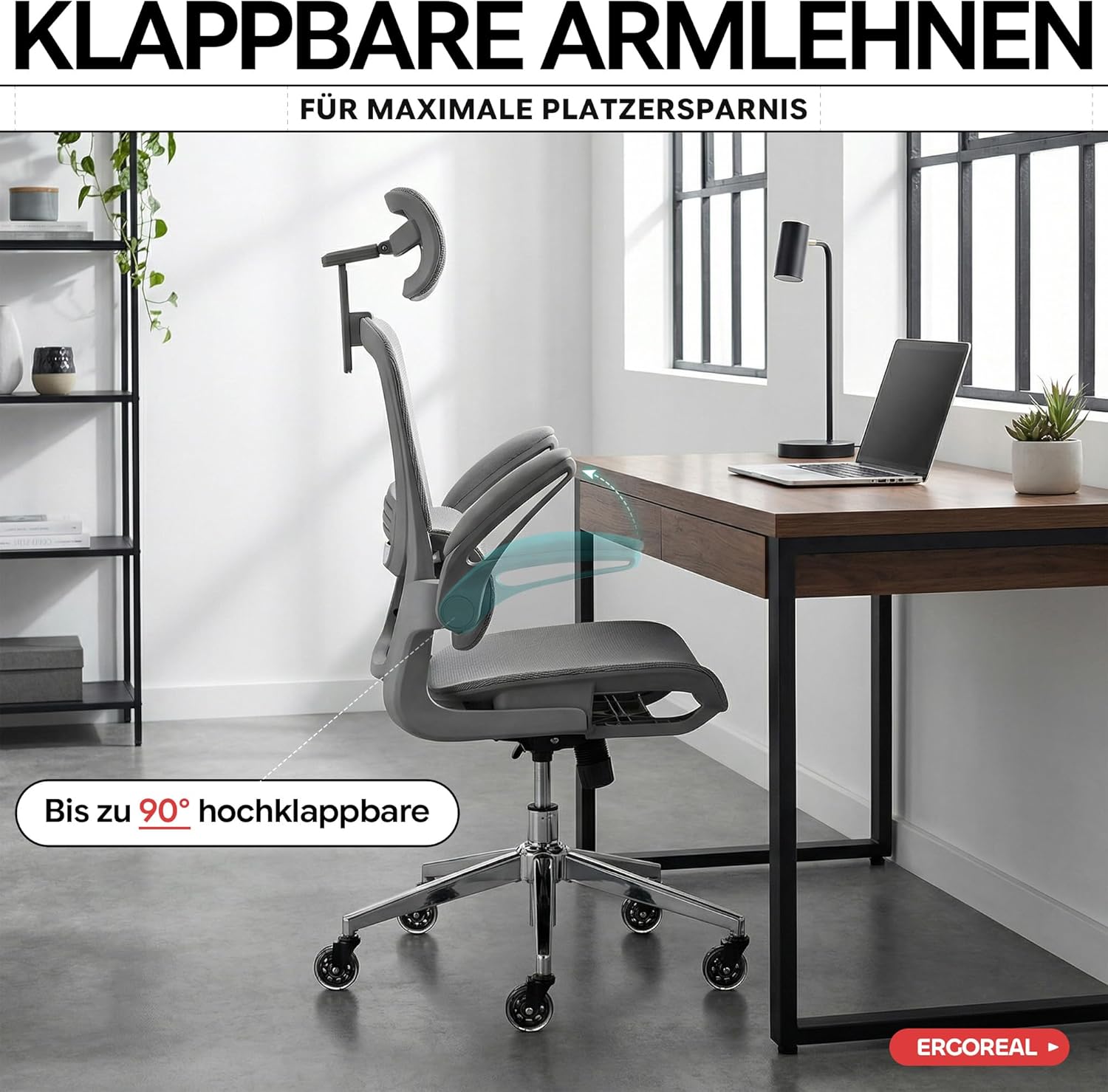 Ergonomischer Bürostuhl mit 150 kg Tragkraft, verstellbaren Armlehnen, dynamischer Lordosenstütze, Wippfunktion – Büro- & Gamingstuhl für Home Office, atmungsaktives Netz, Grau – Bild 3