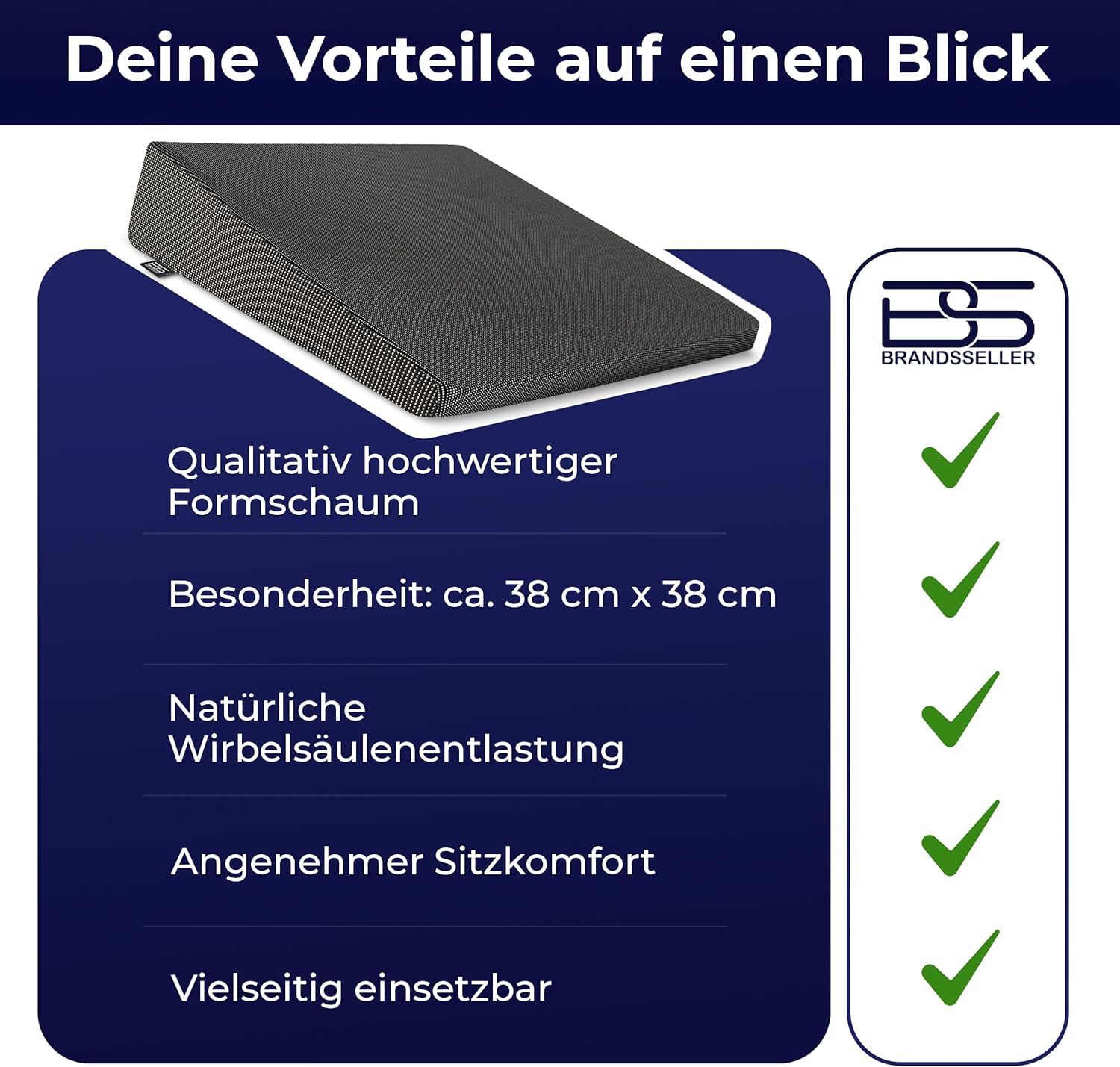 Brandsseller Sitzkeilkissen für Stühle, Autositz, Bürostuhl, 38 cm x 38 cm x 8/2 cm – Bild 4