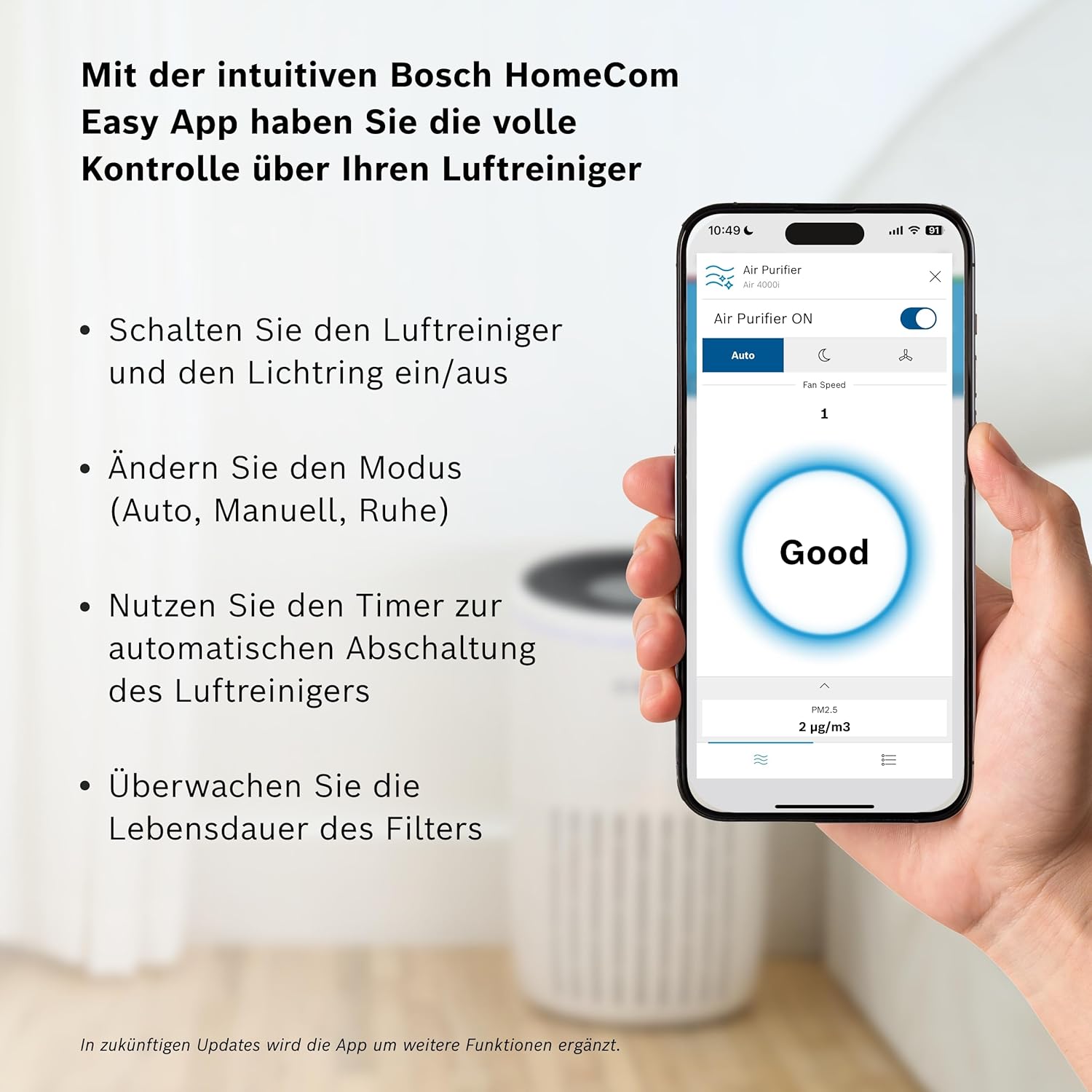 Bosch Air 4000i App-gesteuerter Luftreiniger – Für Räume bis 62,5 m² – Entfernt Schadstoffe – Mit 3-in-1-Luftfilter, Smart Sensor, Automatikmodus, Schlafmodus (< 25 dB(A)) – CADR: 300 m³/h – Bild 4