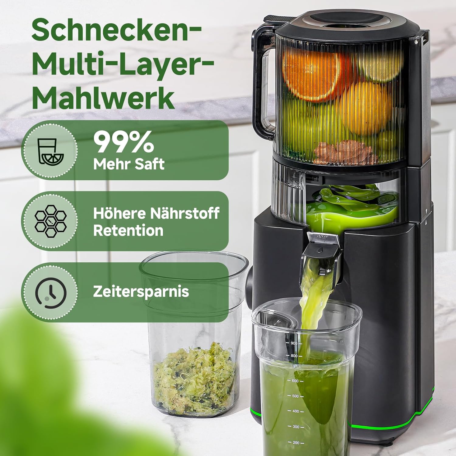 AMZCHEF Slow Juicer Entsafter für ganze Früchte & Gemüse, 155 mm XXL-Einfüllöffnung, Kaltpress-Entsafter mit hoher Saftausbeute, 2 Filter, 2,5 L Behälter, leise & leicht zu reinigen, schwarz – Bild 6