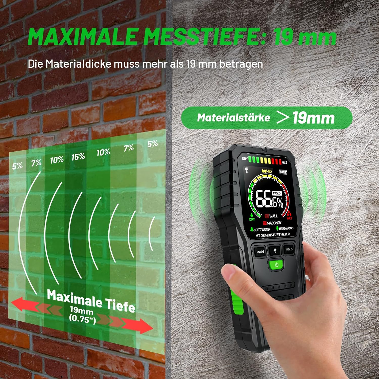 Feuchtigkeitsmesser für Wand und Holz – zerstörungsfreier Feuchtigkeitsmesser und Feuchtigkeitsmesser mit Batterie für Brennholz, Putz, Decke, Boden und Baumaterialien – Bild 4