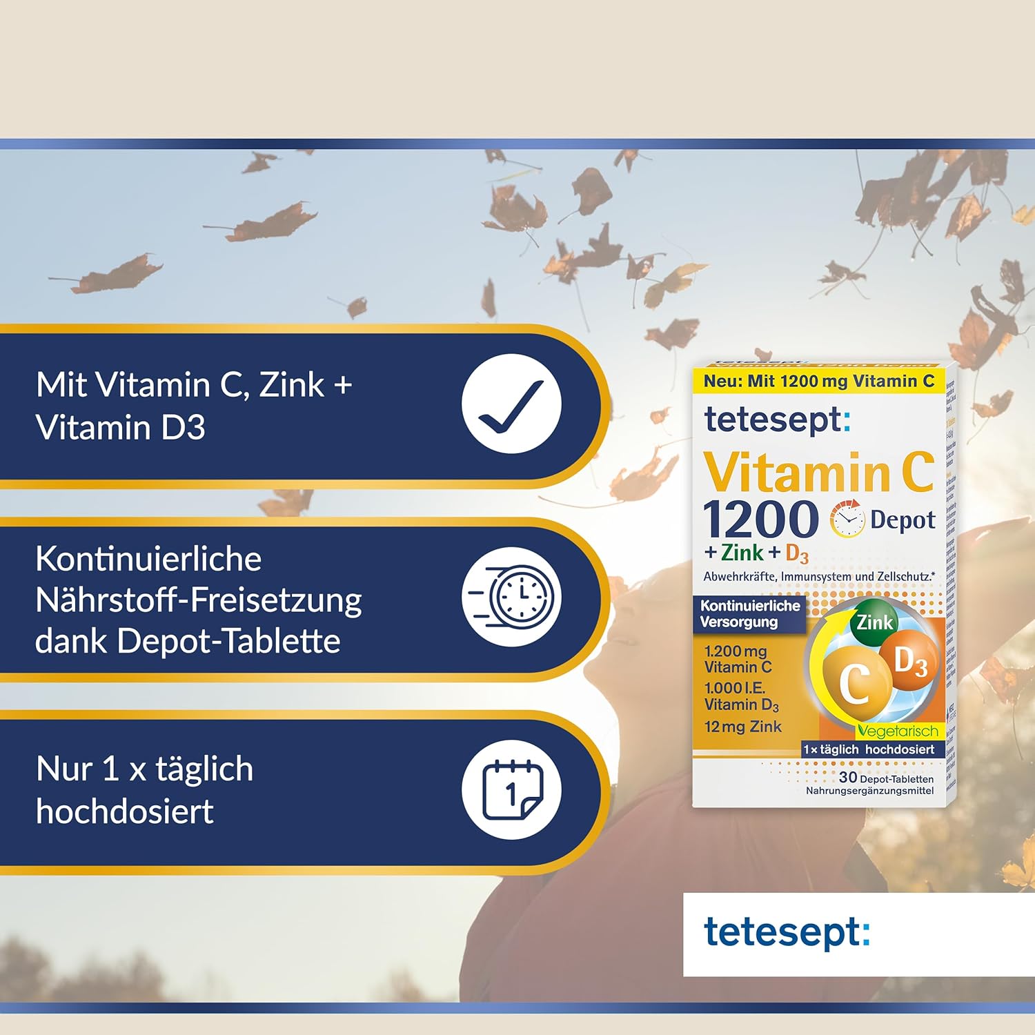 tetesept Vitamin C 1200 + Zink + D3 – Nahrungsergänzungsmittel mit Vitamin C, D3 und Zink zur Unterstützung des Immunsystems, des Zellschutzes und der Knochen – 5 x 30 Vitamintabletten – Bild 2