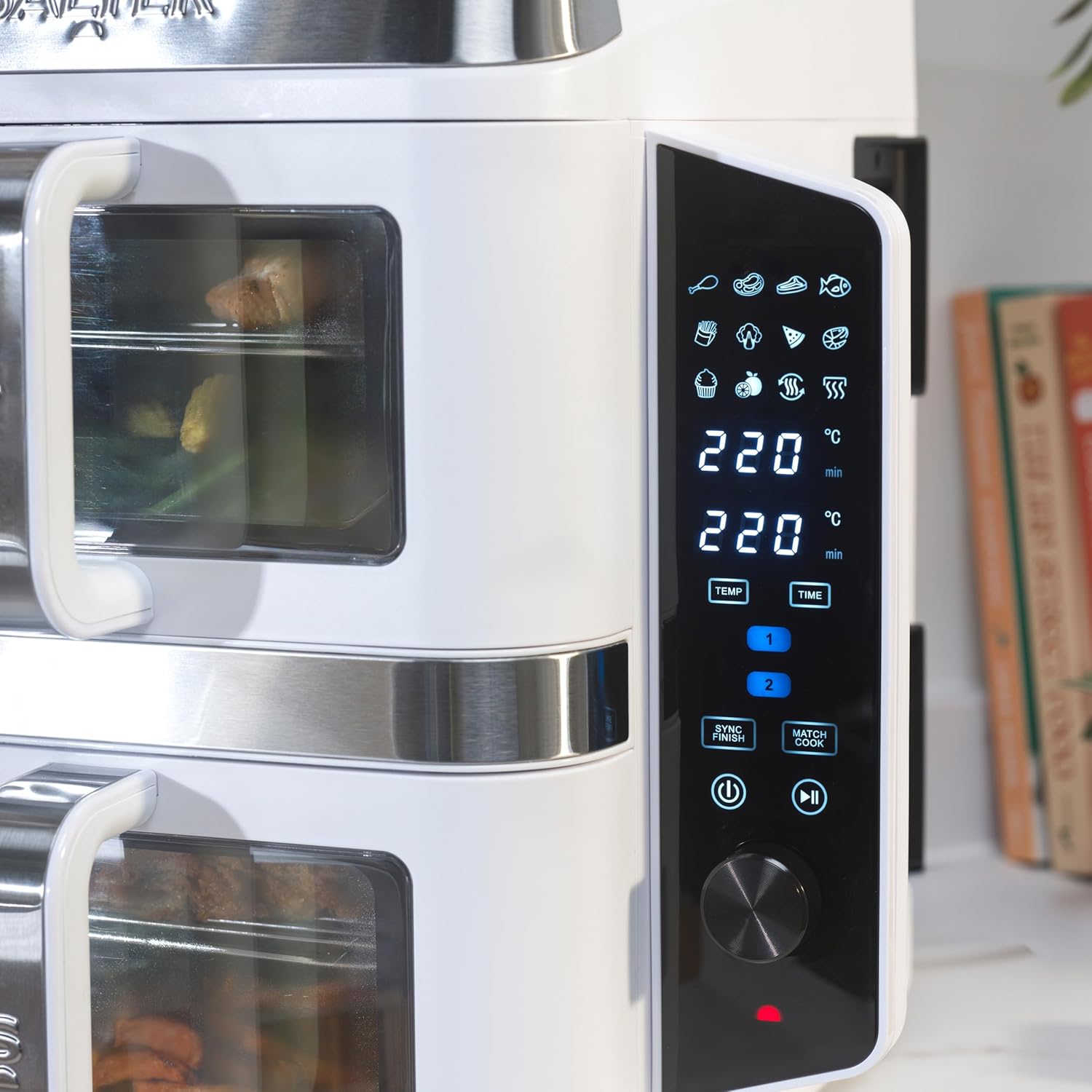 Salter VertiCook View Heißluftfritteuse – vertikale Doppelschublade, Kochen auf 4 Ebenen, XL 9 l Fassungsvermögen – 2 x 4,5 l Körbe, 2 Schubladen und 2 Gestelle, platzsparend, 12 Funktionen, Sync & Match, PFAS-frei, Weiß – Bild 3