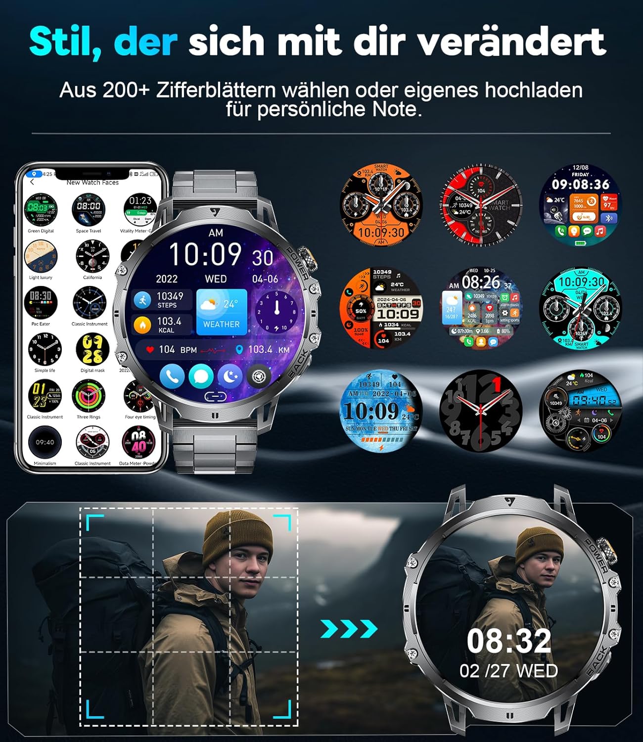 LIGE Military Smartwatch Herren – 1000 mAh/1,85 Zoll HD großer Touchscreen/LED-Licht, Fitnessuhr mit 110+ Sportmodi, Herz-/Schlaf-Tracking, 2 Armbänder, IP68 wasserdicht, Sportuhr für iOS/Android, Schwarz – Bild 6