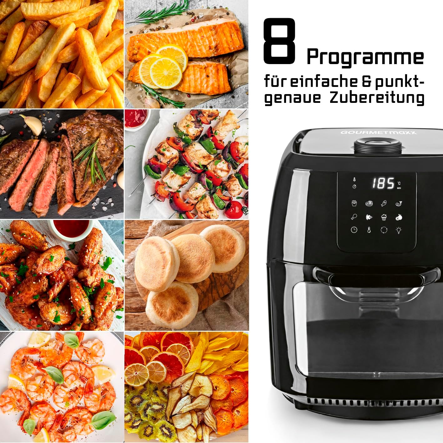 GOURMETmaxx Digitale XXL Heißluftfritteuse, 9 Liter | Frittieren ohne Fett, Fritteuse, Backofen und Drehgrill in einem | Inklusive Drehspieß für Hähnchen- und Kebabspieße (1.800 Watt/Schwarz) – Bild 9