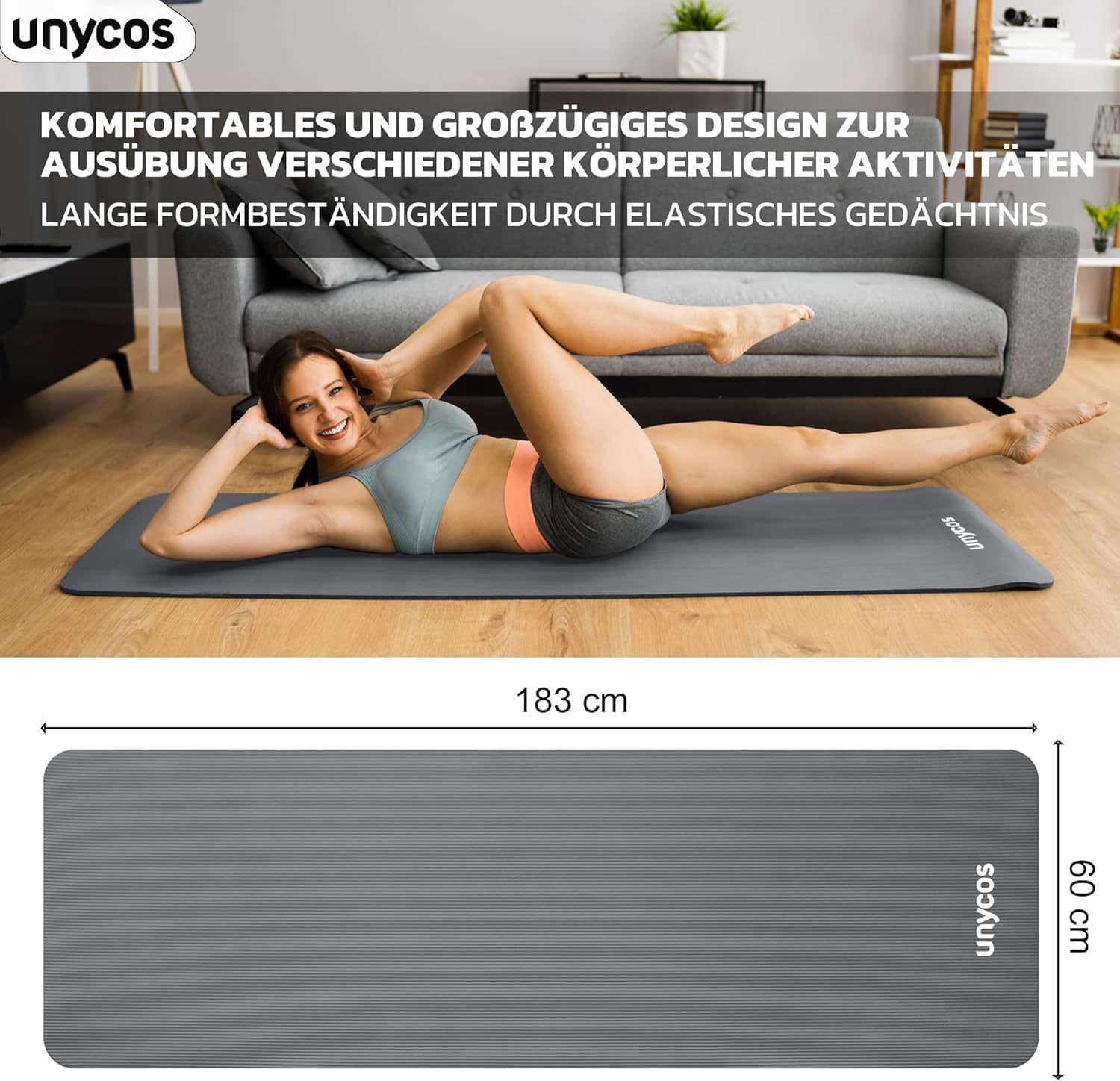 unycos - Yogamatte rutschfest | Hohe Dichte 6/10/15 mm, Gymnastikmatte mit Tragegurt und Schultergurt. 【Inklusive E-Book】 Hautfreundliche Fitnessmatte für Pilates, Trainingsmatte, Fitnessstudio – Bild 4