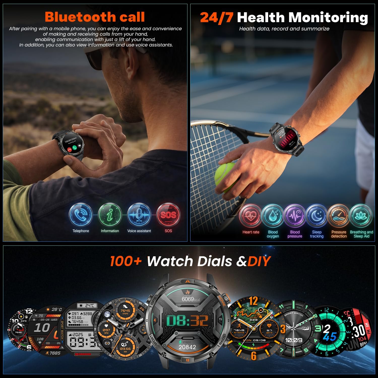 GPS-Smartwatch für Herren, Militäruhr: 1,46 Zoll Fitness-Tracker, 580 mAh, Smartwatch, IP68, wasserdicht, Fitnessuhr mit Schrittzähler, Herzfrequenzmesser, Blutdruck, Telefonfunktion, Digitaluhr für iOS – Bild 5