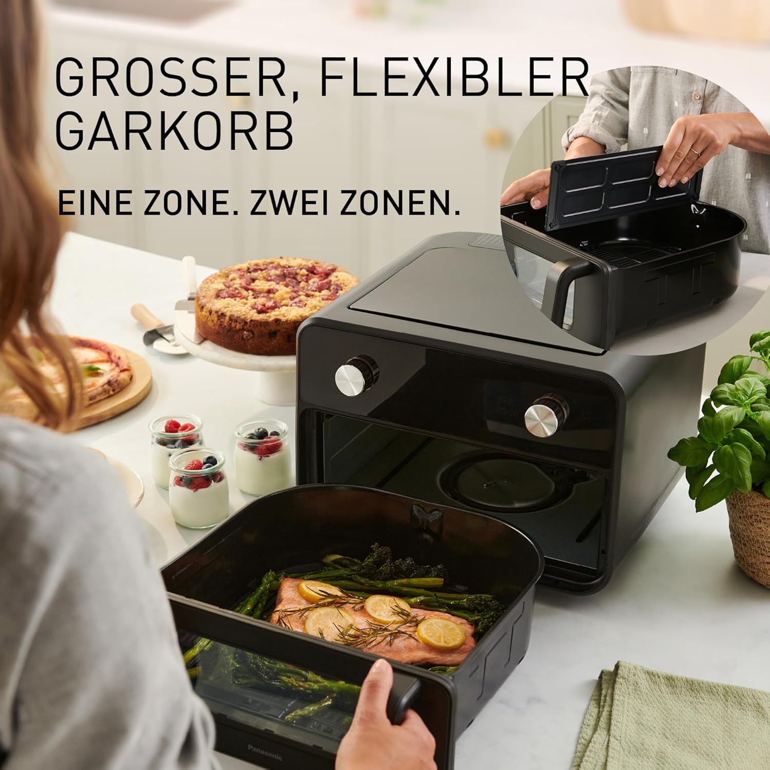 Panasonic NF-BC1000 Flex Heißluftfritteuse mit Sichtfenster, XL flexibler Garkorb, herausnehmbare Trennwand für 2 Kochzonen, 9,6 Liter, 30–230 °C, sanfter Dampf, 8 Voreinstellungen, leicht zu reinigen, Schwarz – Bild 3