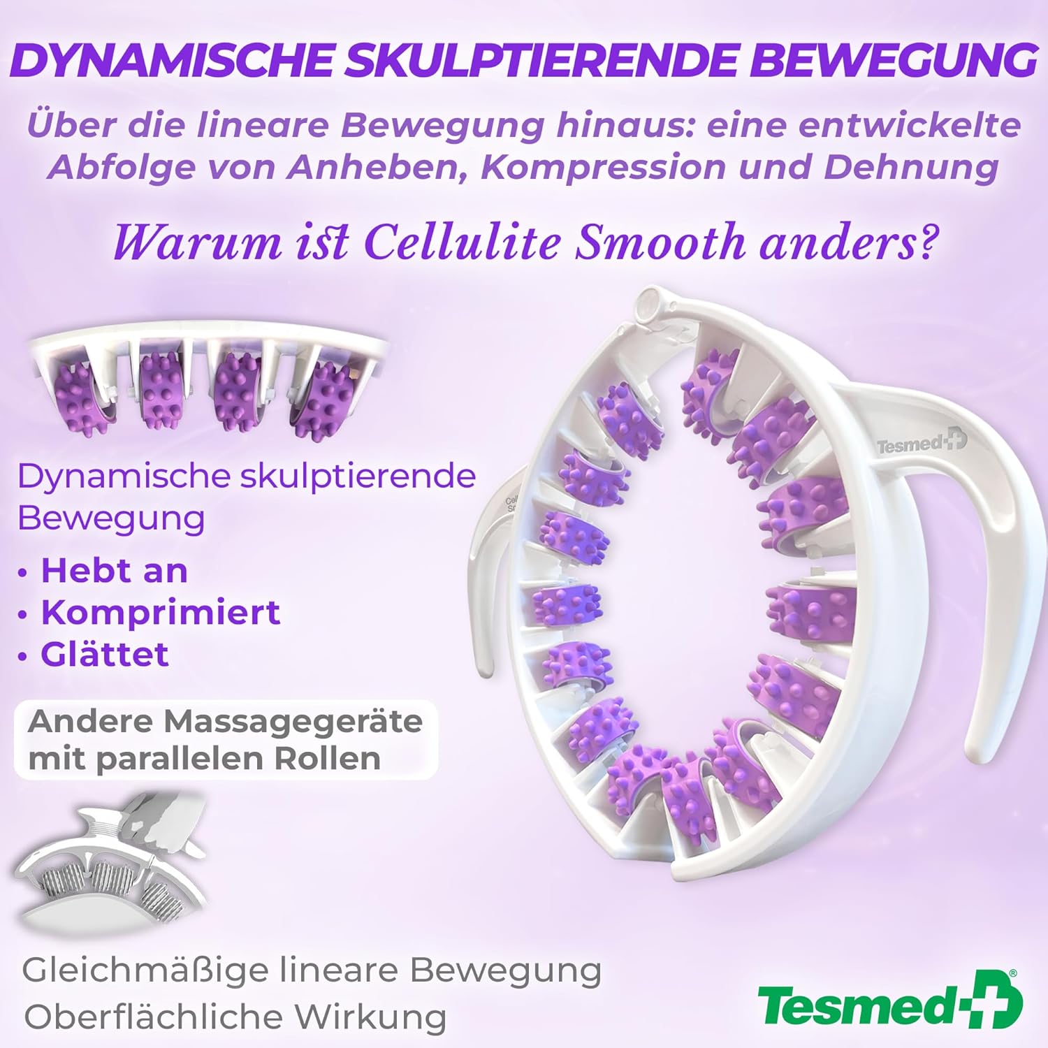 TESMED Cellulite-Glattmassagegerät gegen Cellulite mit patentierten Rollen – Drainageeffekt für Orangenhaut & schwere Beine – Haut straffen, Figur formen – Oberschenkel & Gesäß – Hergestellt in Italien – Bild 7