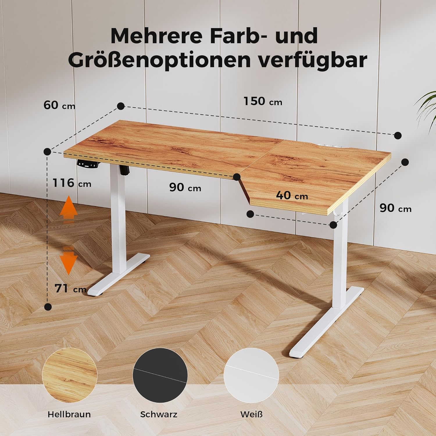 Agilestic Elektrischer Stehschreibtisch, L-förmiger 150 cm höhenverstellbarer Schreibtisch, Sitz- und Stehtisch für das Heimbüro, ergonomischer anhebbarer Computertisch mit Spleißbrett, Hellbraun – Bild 2