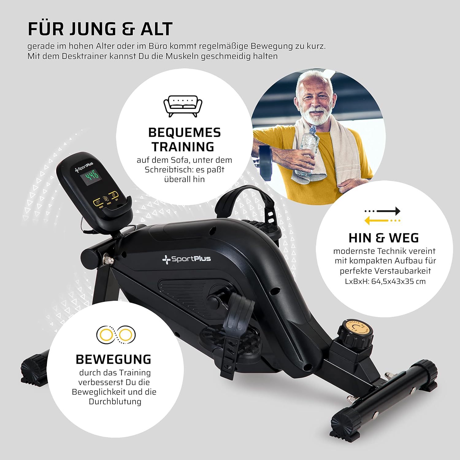 SportPlus Beintrainer für Zuhause & Büro, Mini-Heimtrainer mit Magnet-Bremse & 8 Widerstands-Stufen, mit Trainingscomputer, extra breite Pedale, App-kompatibel | Heimtrainer Fahrrad | Minibike – Bild 6