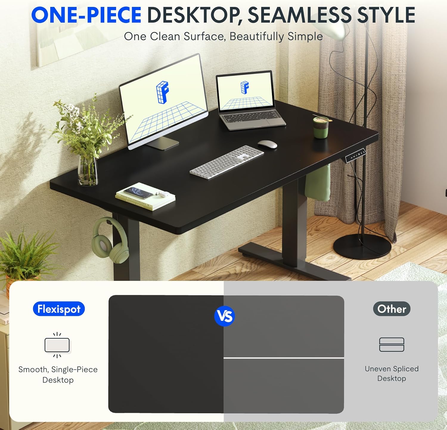 FLEXISPOT Basic höhenverstellbarer Schreibtisch 160 x 80 cm – einteilige Tischplatte – ergonomischer Sitz-Steh-Schreibtisch mit einfacher Bedienung (schwarz) – Bild 5