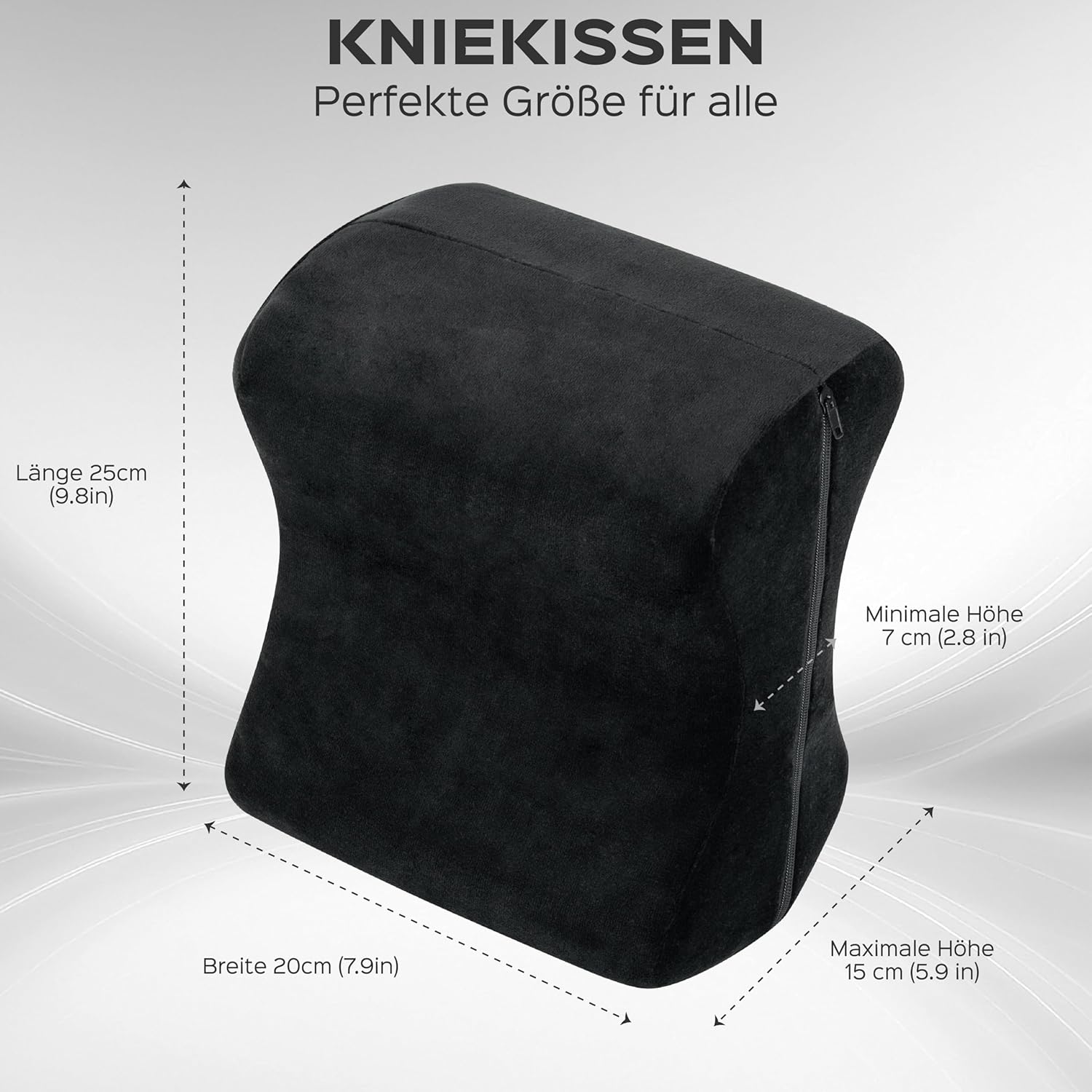 bonmedico Kniekissen für Seitenschläfer – Orthopädisches Kniekissen, Memory-Schaum, Beinkissen zur Linderung von Knie-, Rücken- und Hüftschmerzen, waschbarer Bezug – Wellness Schwarz, 20 x 25 x 15,7 cm – Bild 2