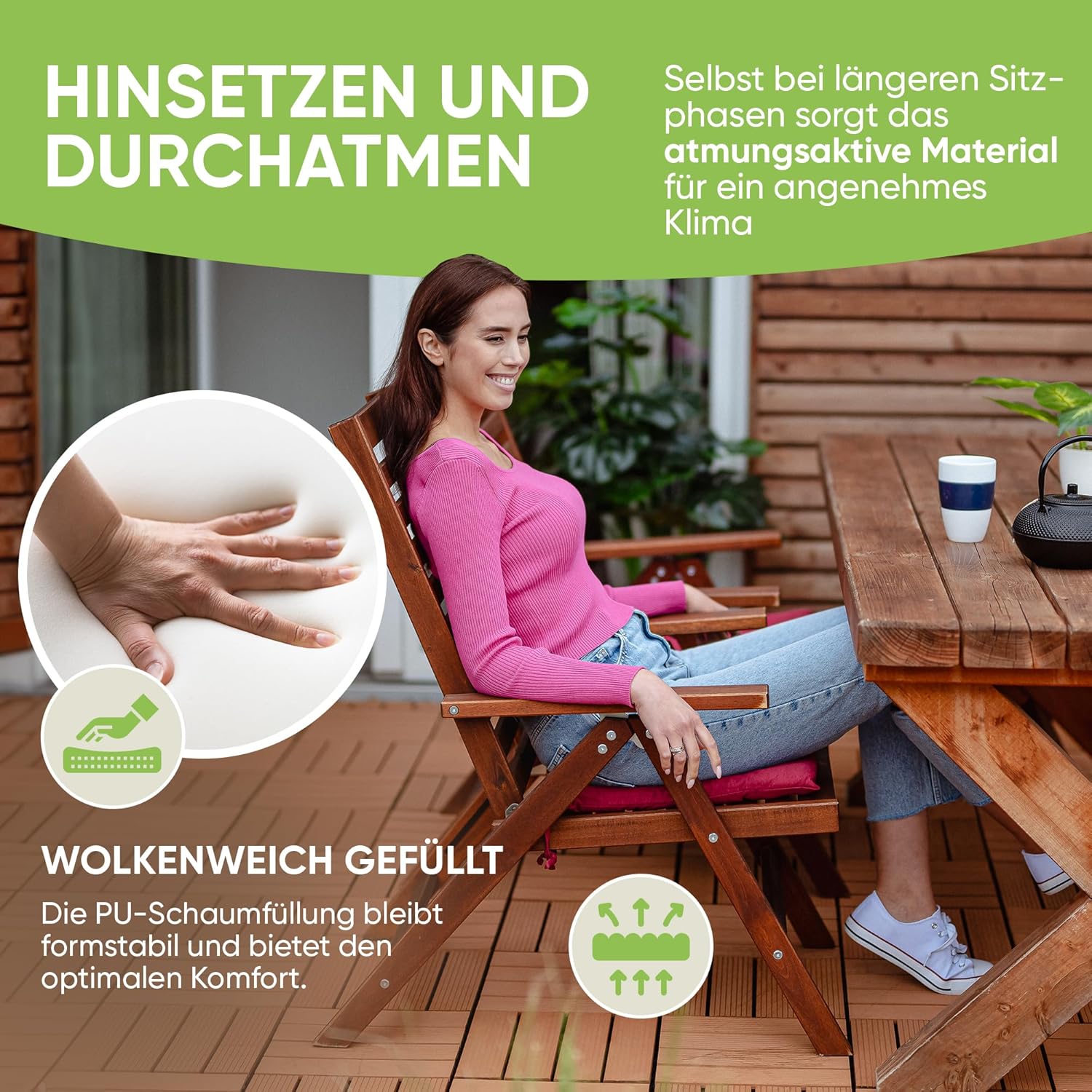 Gräfenstayn®, 4er-Set Sitzkissen, 40 x 40 x 3 cm, mit Bändern, für den Innen- und Außenbereich, mit Öko-Tex-Siegel – Bild 3