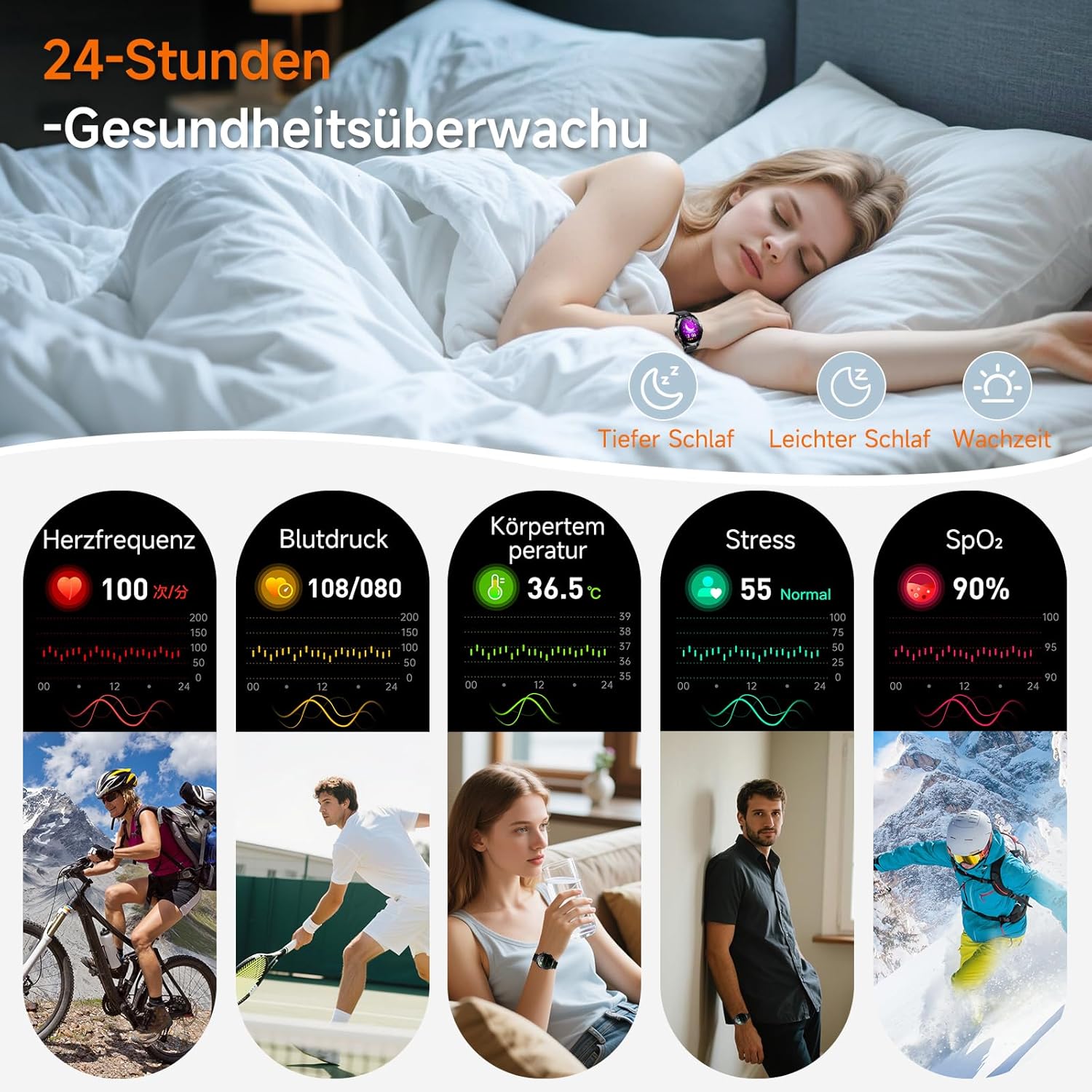 Herren-Smartwatch mit EKG + HRV/B-Druckmessung/Harnsäure/BMI, 1,43 Zoll AMOLED-Gesundheitsuhr mit SOS-Notruf, 24/7 Herzfrequenz-/Apnoe-/Schlafmonitor/SpO2, Android/iOS (schwarzes Leder) – Bild 4