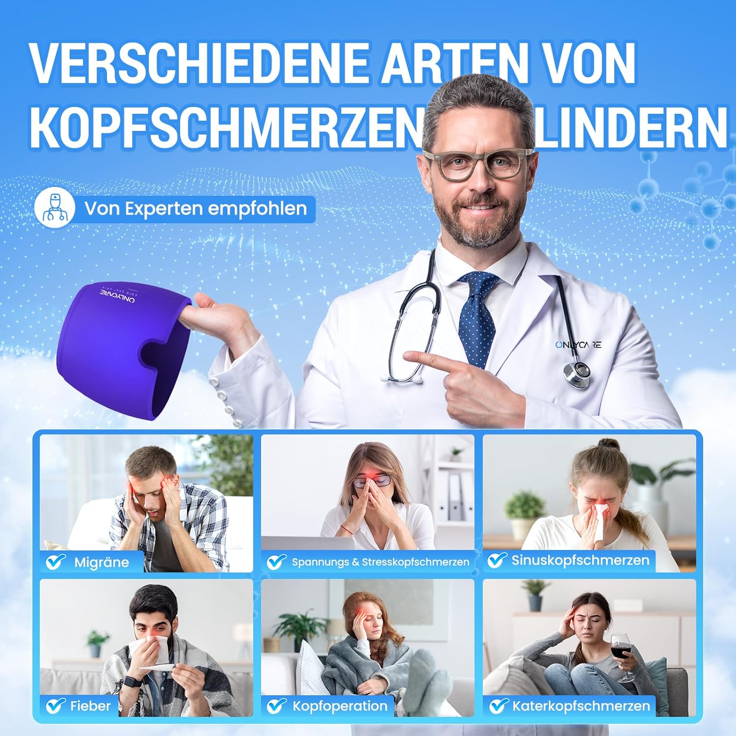 ONLYCARE Migränemaske, verbesserte Kühlmaske, Schlafmaske, Kühlkappe, Kühlhaube, 360°-Gel-Surround-Kühlpads zur Linderung von Migräne, Kopfschmerzen, Stress (lila) – Bild 5