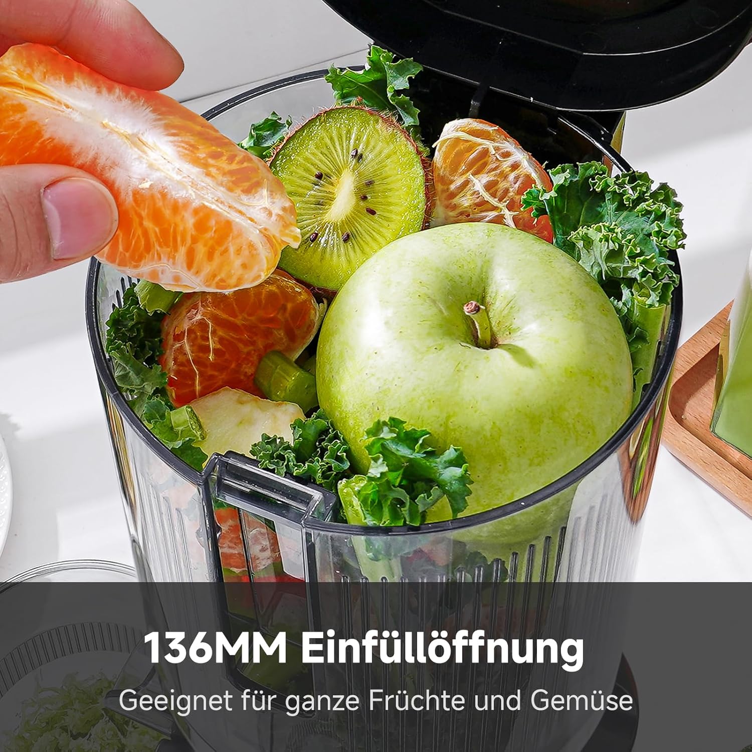 AMZCHEF Juicer Slow Juicer 136 mm – Elektrischer Entsafter für Gemüse & Obst – Kaltpress-Entsafter mit 2 Filtern – Leise und leicht zu reinigen – Silber – Bild 4
