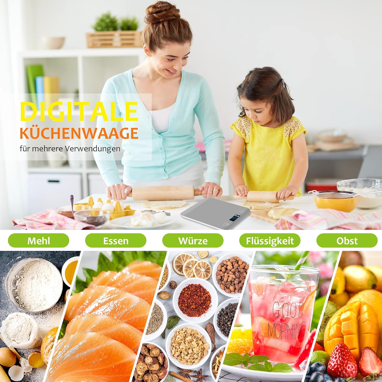 Digitale Küchenwaage, 10 kg, Profiwaage mit LCD-Display und Tara-Funktion, zum Backen und Kochen, 1 g Genauigkeit, Grau – Bild 7