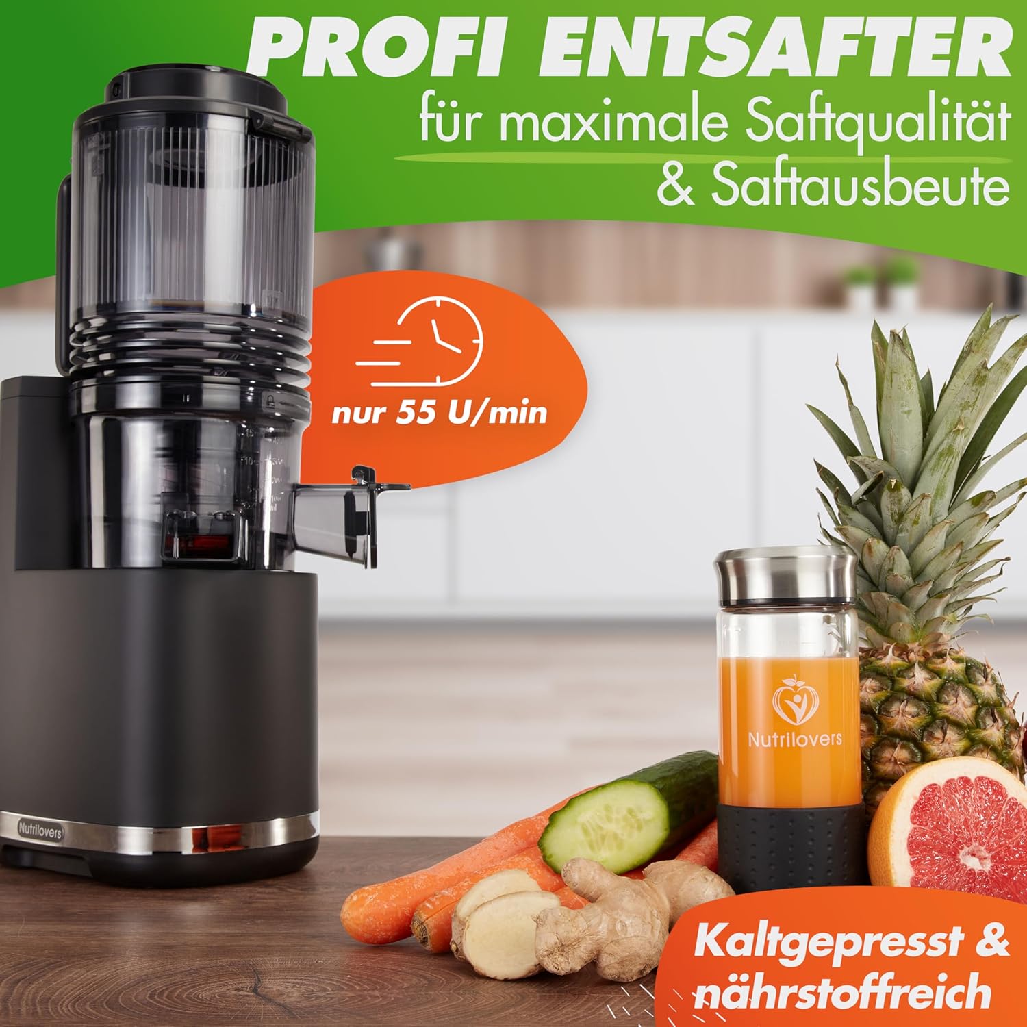 Nutrilovers Slow Juicer Nutri-Press Max Ganzfrucht-Entsafter mit XXL-150-mm-Öffnung, BPA-frei, inklusive Saftflasche, Slow-Juice-Rezeptbuch – Bild 2