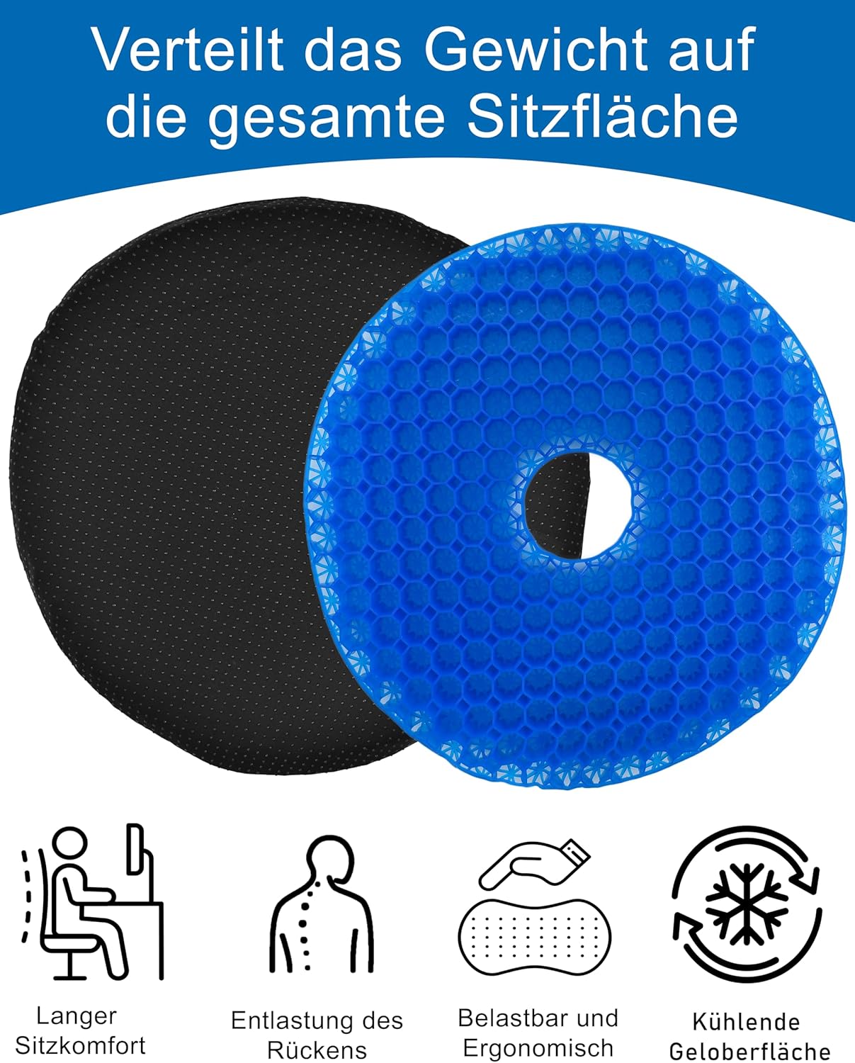 Gelkissen mit kühlender Gelschicht, Donut-Kissen gegen Steißbeinschmerzen, Autokissen, Sitzkissen rutschfest, orthopädisches Gesäßkissen für Hämorrhoiden, atmungsaktives orthopädisches Sitzkissen – Bild 6