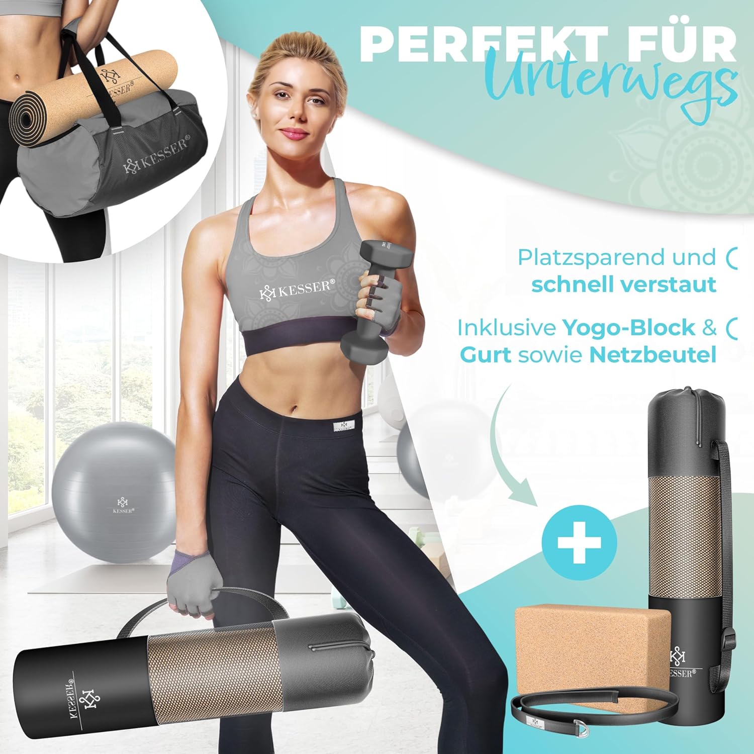 KESSER® Yogamatte aus Kork mit Tragegurttasche & Yogablock, Gymnastikmatte, Yogamatte, rutschfest, Naturkautschuk, TPE-Fitnessmatte, 183 x 62 cm, Trainingsmatte für Fitness, Sportmatte, Gymnastik, extra dick – Bild 4