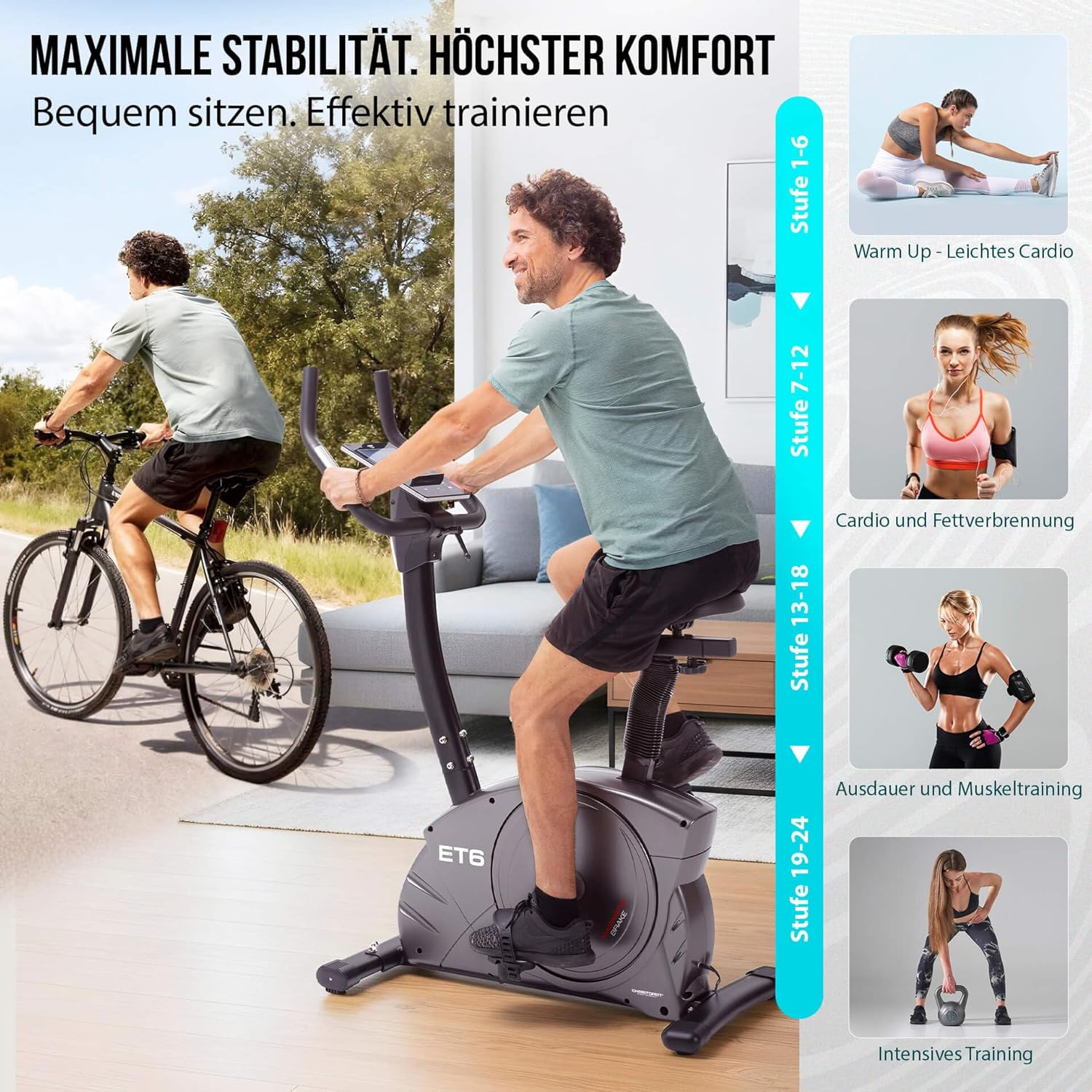 Christopeit Ergometer Heimtrainer Indoor Fahrrad ET 6 mit 24 Widerstandsstufen, bis 150 kg und 200 cm, 12 kg Magnetbremssystem, Kinomap, Bluetooth, Pulsmessung – Bild 2