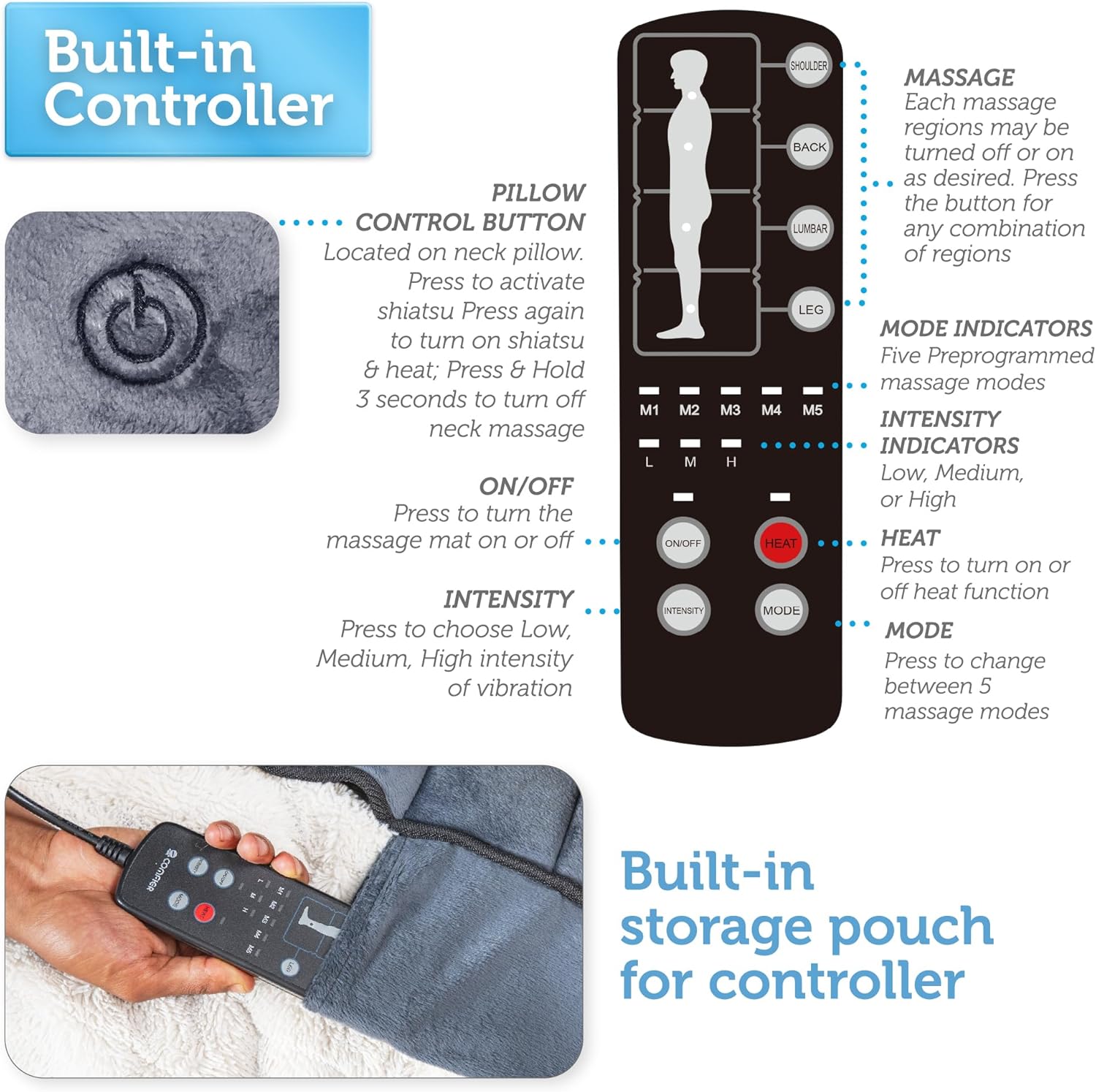 COMFIER Massagematte Ganzkörpermassage mit Wärmefunktion, Massagesitzkissen mit verstellbarem Shiatsu-Nackenkissen, 10 Vibrationsmotoren zur gezielten Linderung von Muskelverspannungen – Bild 7