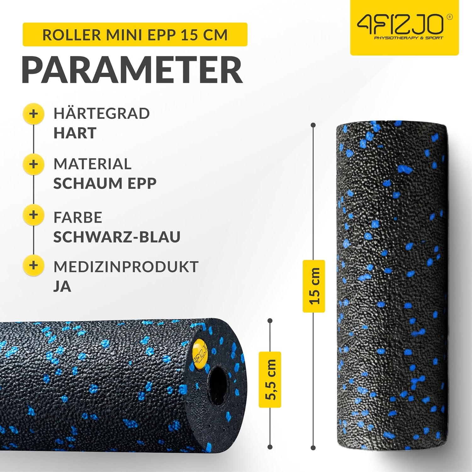 4FIZJO Faszienroller Schaumstoff, Durchmesser 5,5 cm, Länge 15 cm, Massagerolle, Rückenrolle, Fitnessrolle, leicht, hart, Schaumstoffrolle, Faszientraining, Massagetraining, Schwarz/Blau – Bild 3