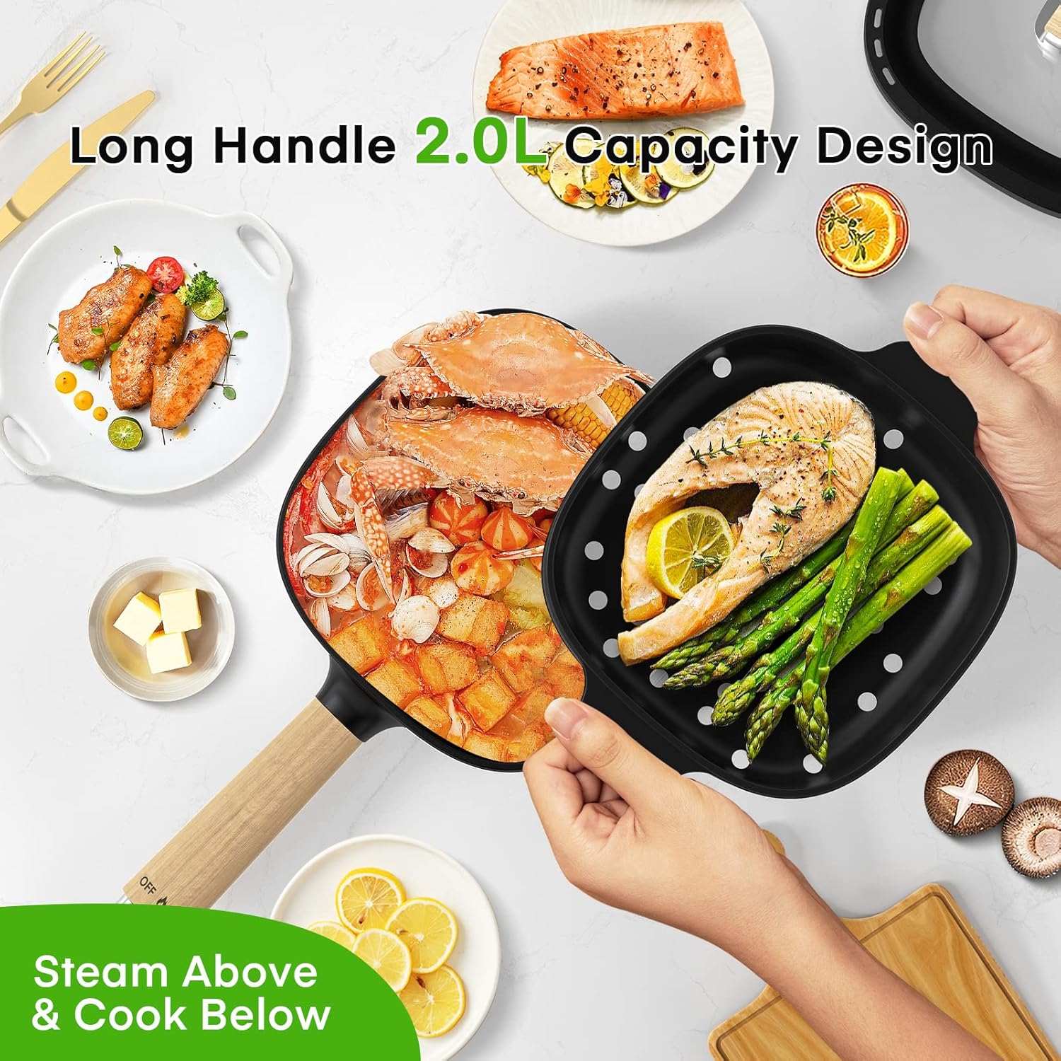 Audecook Elektrischer Hot Pot mit Dampfgarer, 2 l/20 cm, antihaftbeschichtete elektrische Pfanne mit Keramikglasur, tragbarer Multikocher für Ramen, Steak, Ei, Haferflocken, Suppe, 350 W/800 W (schwarz) – Bild 4