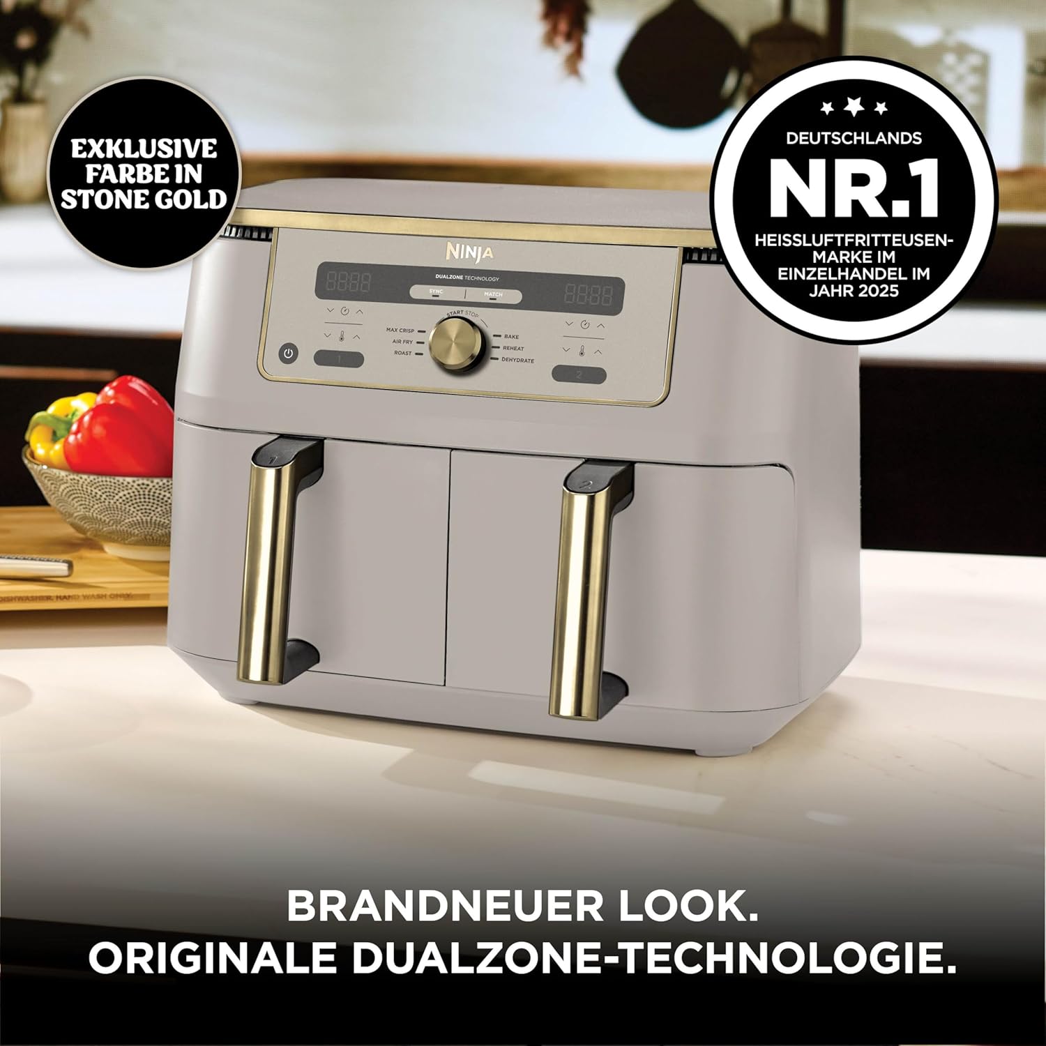 Digitale Dual-Zonen-Luftfritteuse von Ninja, 2 Schubladen, 6-in-1, Heißluftfritteuse, 9,5 l, Heißluftfritteuse, maximale Knusprigkeit, Braten, Backen, Aufwärmen, spülmaschinenfeste Körbe, Stein/Gold DZ400EUSTGD – Bild 2