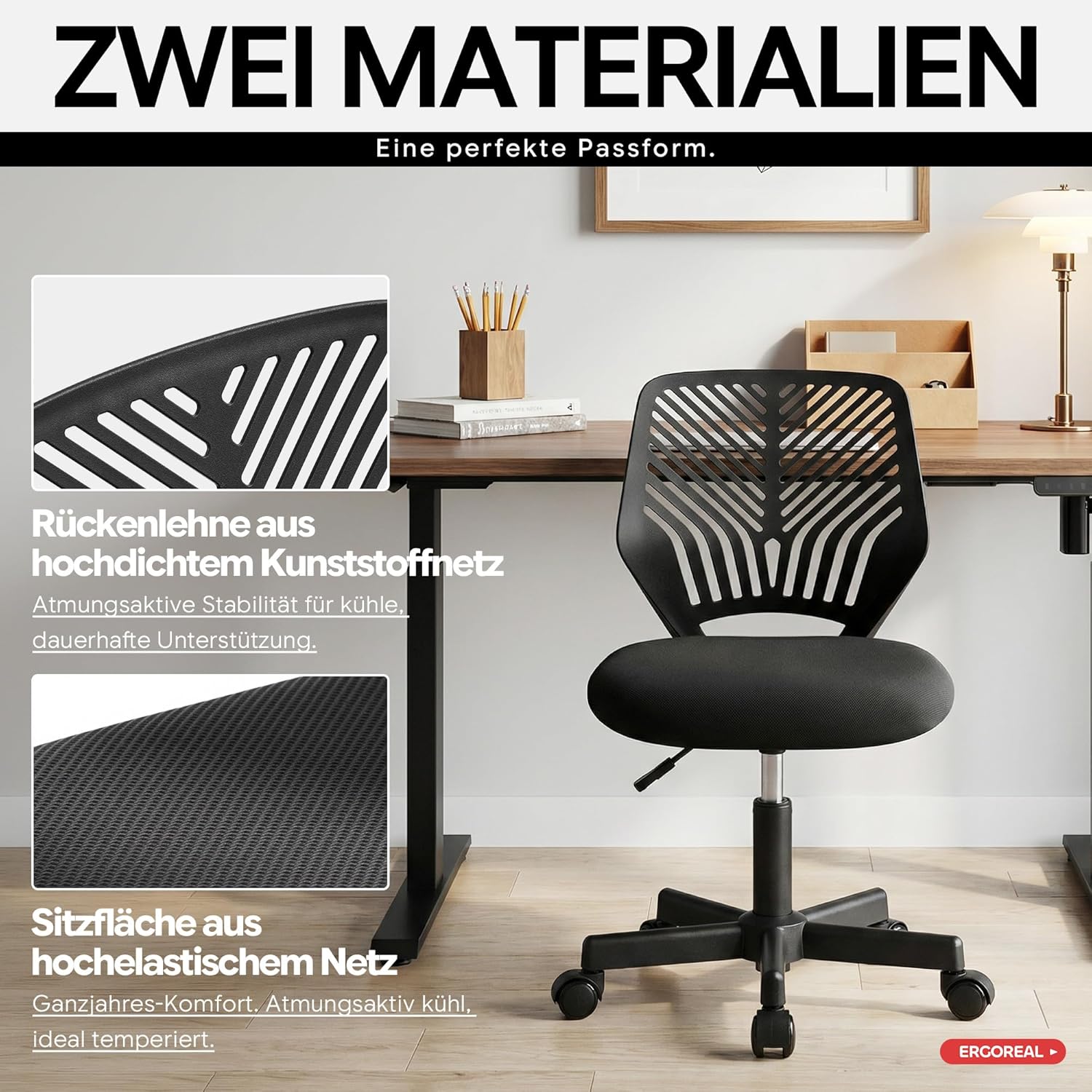 Ergonomischer Bürostuhl ohne Armlehne, Bürostuhl mit Rollen und Höhenverstellung, gemütlicher Bürostuhl mit ergonomischer Rückenlehne, Heimbüro/Arbeitszimmer/Arbeitszimmer (Tiefschwarz) – Bild 5