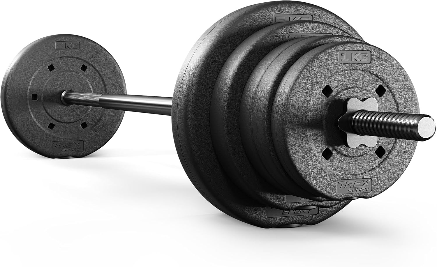 TREX SPORT Langhantelset 28 kg | Hantelset mit Langhantelstange 150 cm aus Stahl und 12 Hantelscheiben aus Kunststoff in Schwarz mit mattem Finish | Für das Krafttraining zu Hause – Bild 8