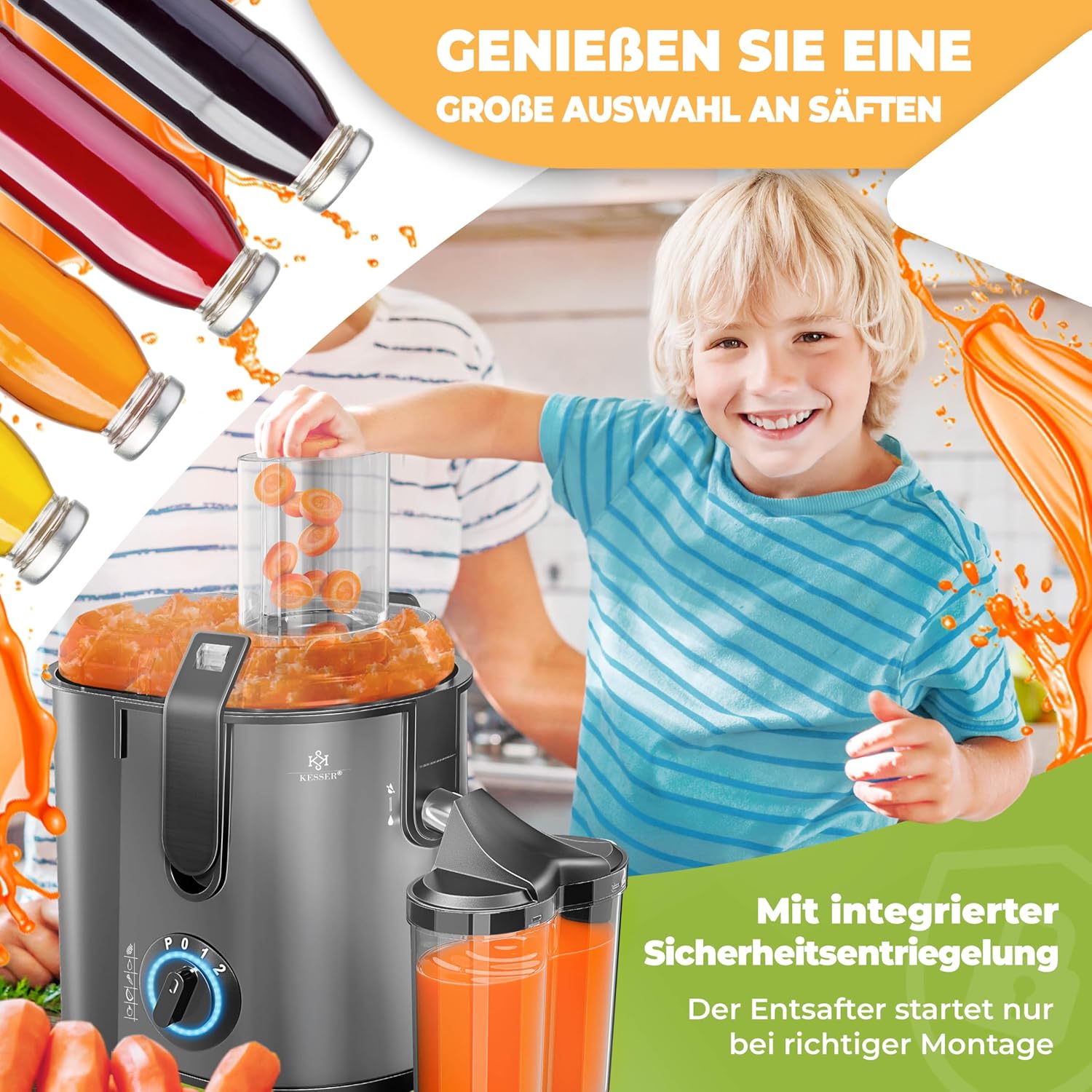 KESSER Zentrifugen-Entsafter für Obst, Gemüse aus Edelstahl, 1100 W, großes Einfüllrohr, 3 Ebenen, elektrischer Zentrifugal-Entsafter + Bürste, Saftbehälter, Rezeptbuch anthrazit – Bild 7