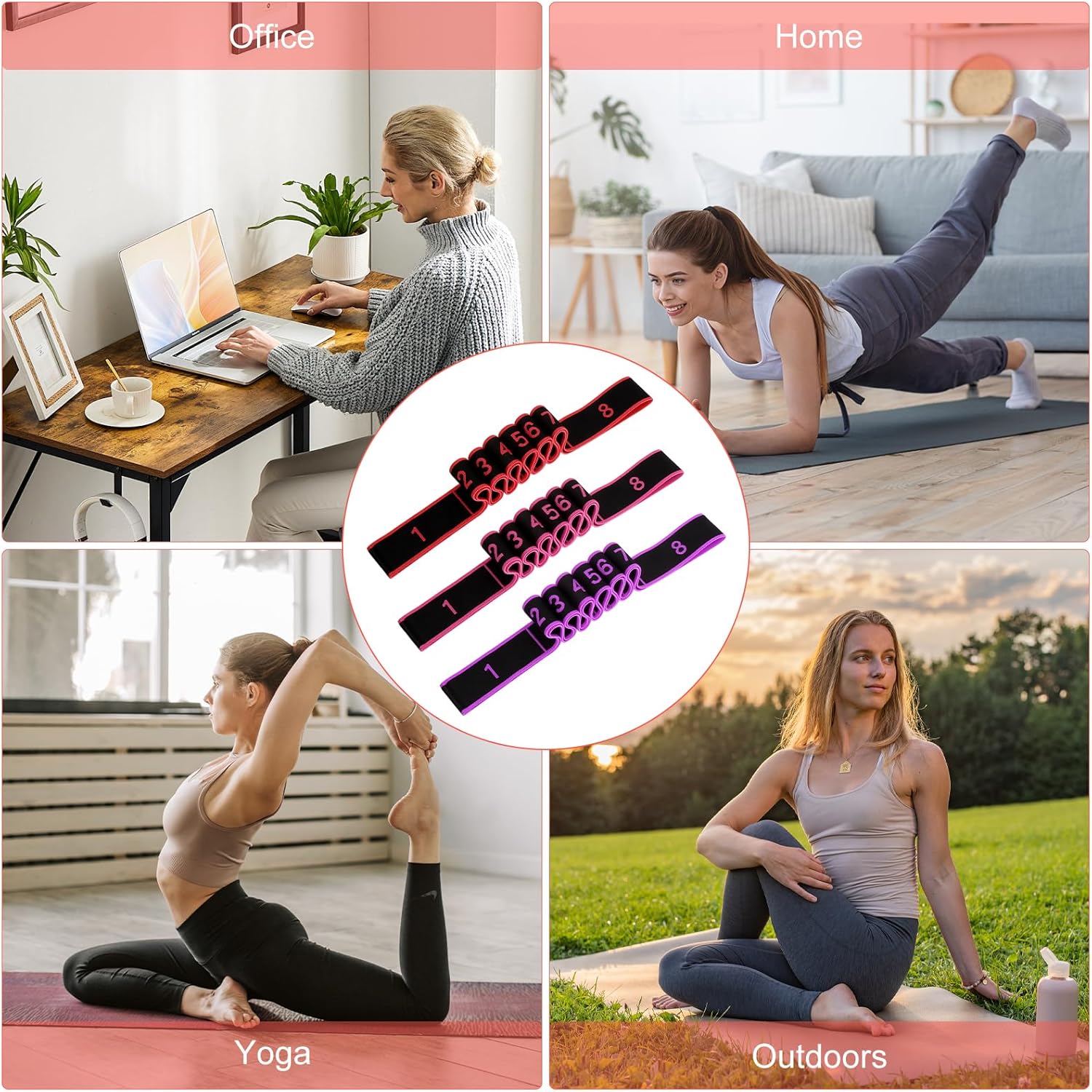 3er Pack Fitnessbänder, Yogagurt für Stretching & Widerstandstraining, elastisches Fitnessband mit 8 Schlaufen, Stretching Yogagurt in Rot, Rosa, Lila, für Pilates, Tanztraining, Gymnastik – Bild 7