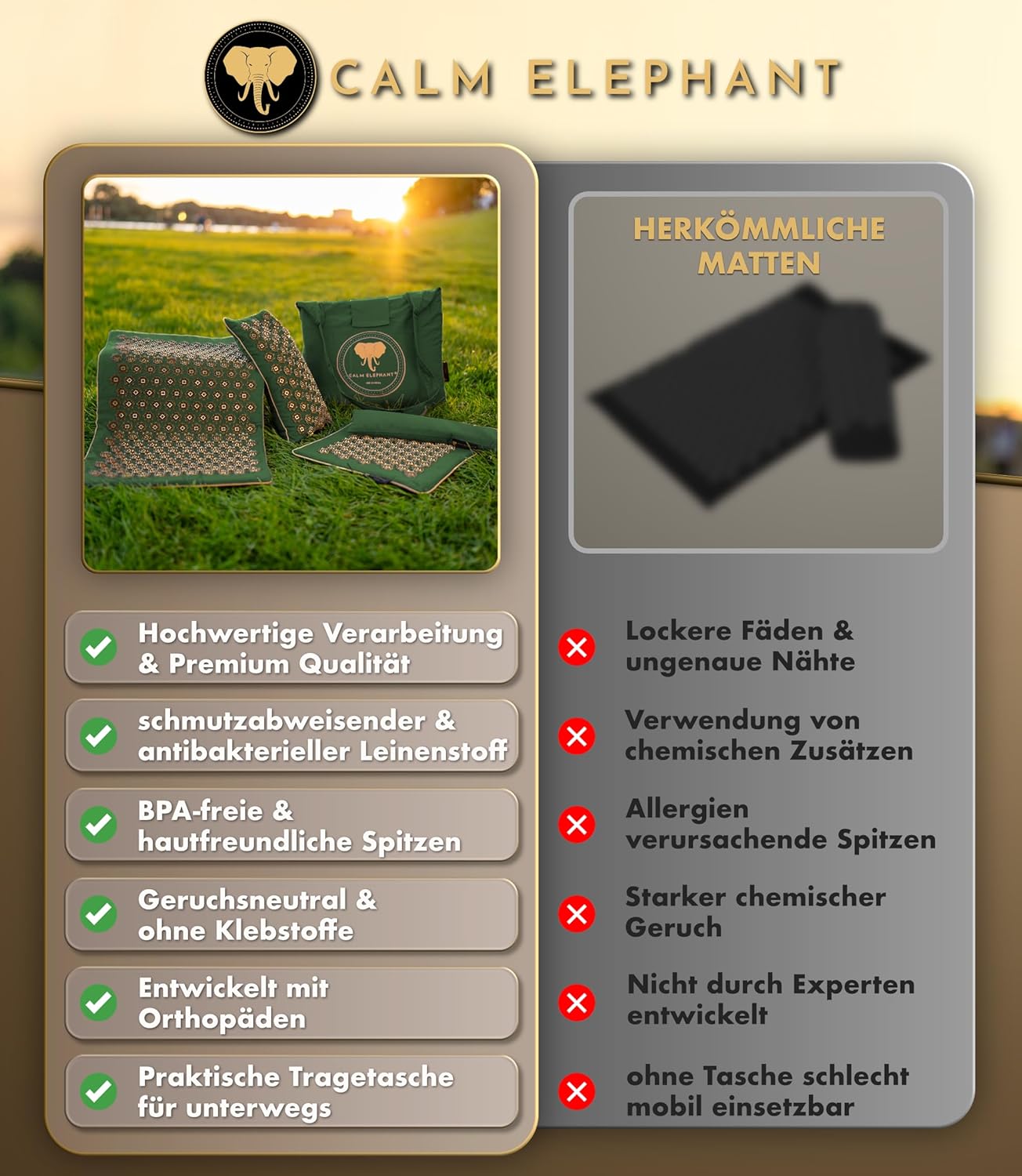 CALM ELEPHANT ORIGINAL Akupressurmatte mit Kissen XXL-Set, echte 5-teilige Massagematte, Rückenverspannungen lindern, Akupunkturmatte, Kissen mit Wärmefunktion, Lendenkissen, Fußmatte und Tasche, grün – Bild 5