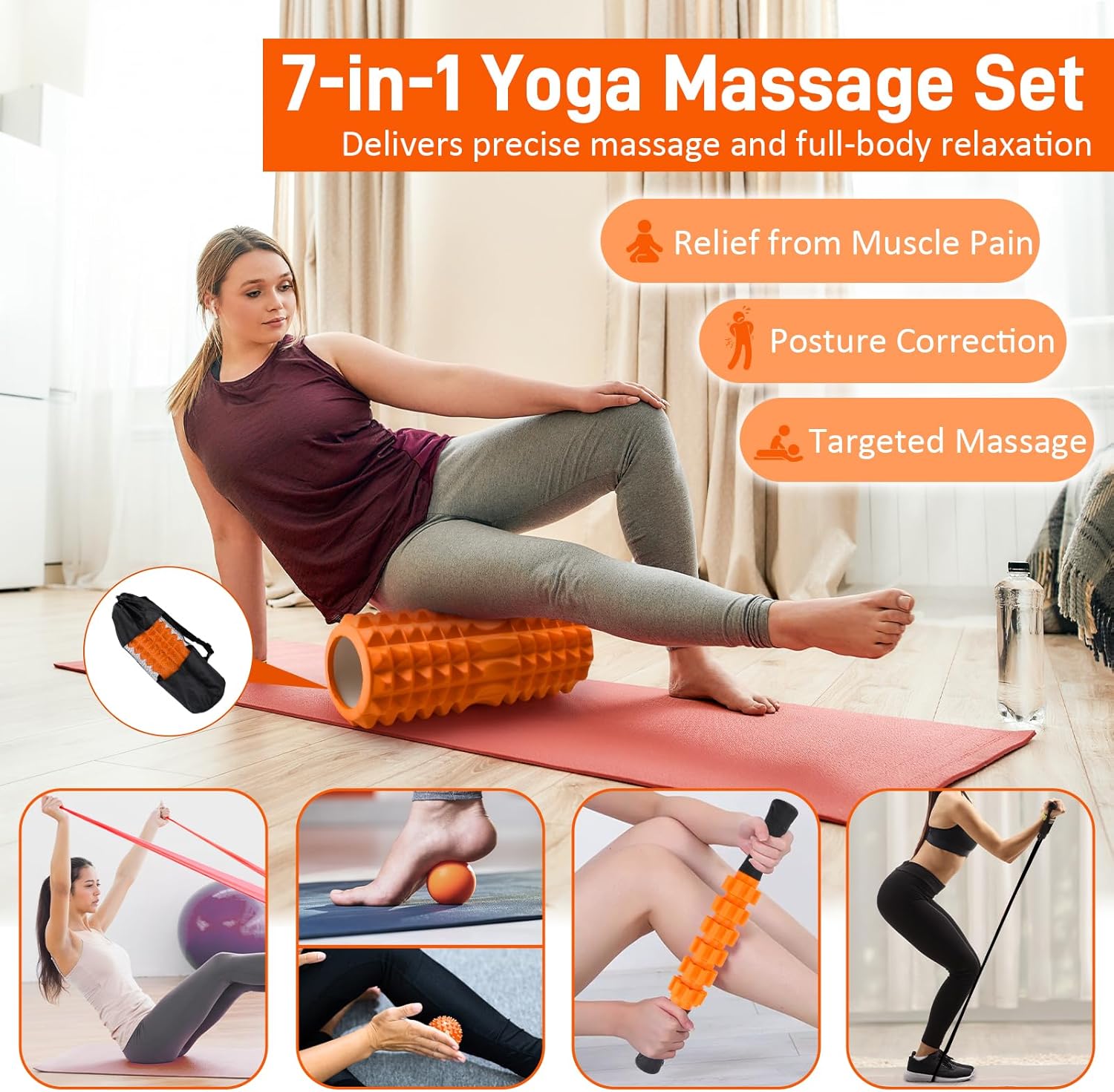 7-in-1 Faszienrollen-Set, PP/EVA-Schaumstoffrolle, Faszienset mit Faszienrolle Wirbelsäule, Massagerolle, Massageball, Spanner, Widerstandsband für Tiefenmuskelmassage, Yoga, Pilates, Fitnessrolle – Bild 2