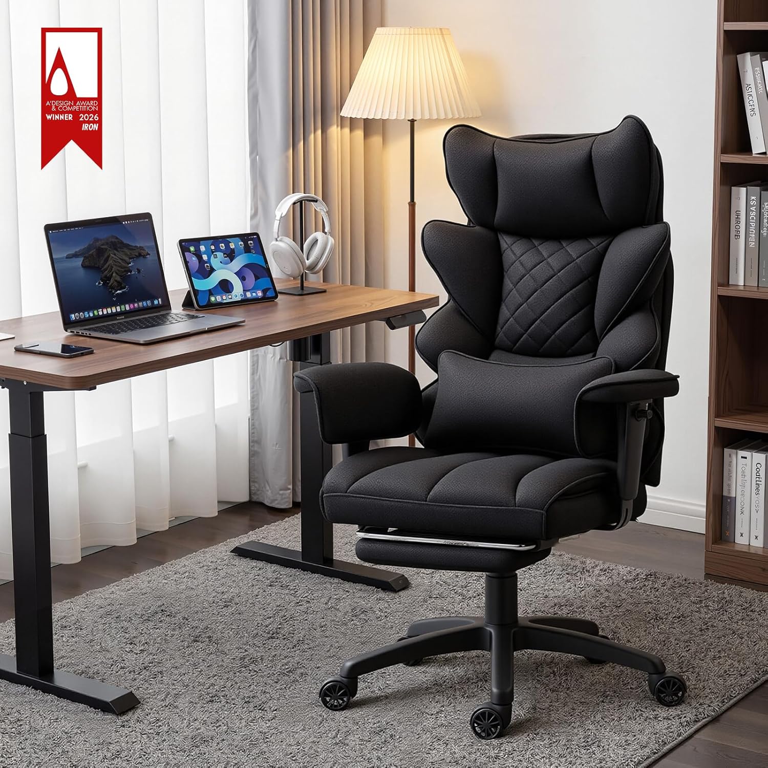 Dowinx Gaming Stuhl, Bürostuhl Ergonomisch mit Taschenfeder-Kissen, Chefsessel mit doppellagiger weicher Rückenlehne und verstellbaren Lendenkissen, Armlehnen und Fußstütze, Stoff-Schwarz – Bild 2