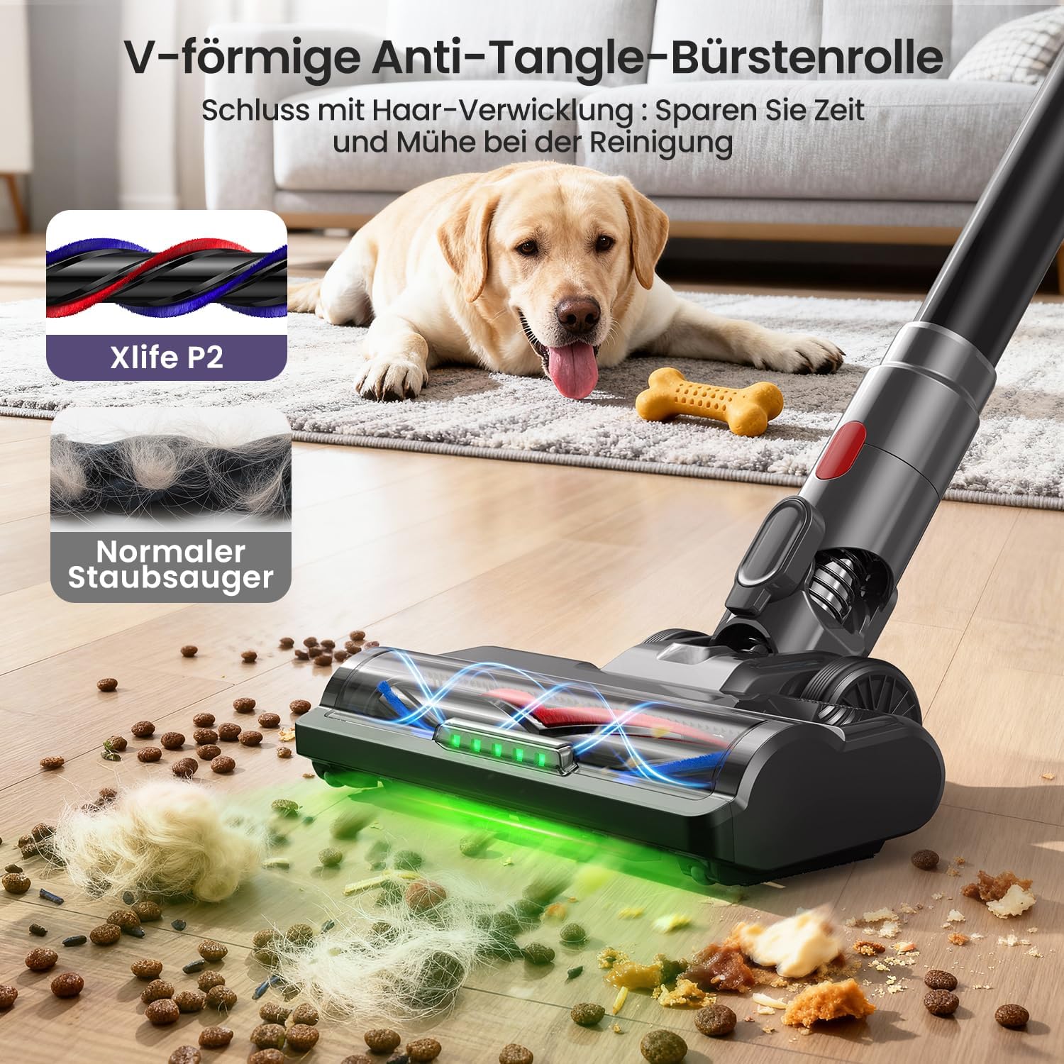 Xlife Akku-Staubsauger 550 W, 45000 Pa Saugleistung, 40 Minuten Laufzeit, Anti-Haar-Wickelbürste, grüner Staubsensor, HEPA-Filter, für Tierhaare, Teppich, Hartböden – P2 (Hellgrau) – Bild 5
