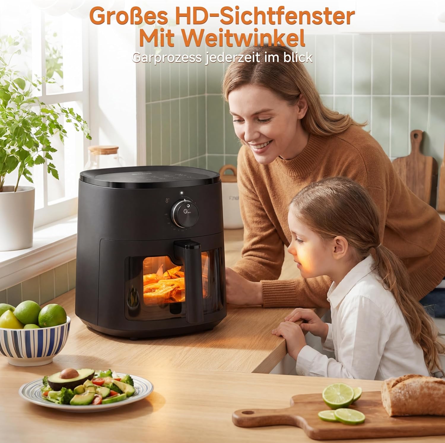 SIMPLUS Heißluftfritteuse 5L mit Sichtfenster, 1300W Airfryer, leise 43,2 dB, platzsparend, Heißluftfritteuse mit Dampffunktion, Antihaft-Korb, Drehknopf, 60-200°C – Bild 3