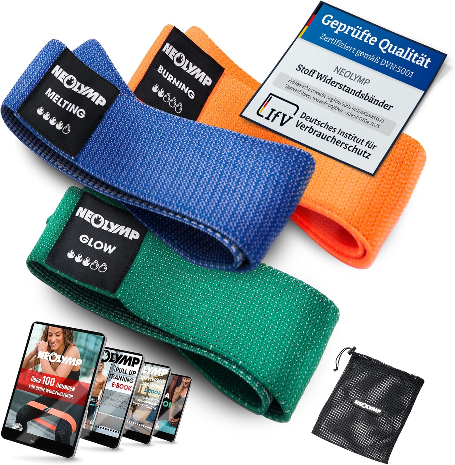 Neolymp Premium Fitnessbänder für den professionellen Sporteinsatz + Buch mit über 100 Übungen, Fitnessband, Thermoband, Widerstandsband, Terraband für Pilates / Crossfit