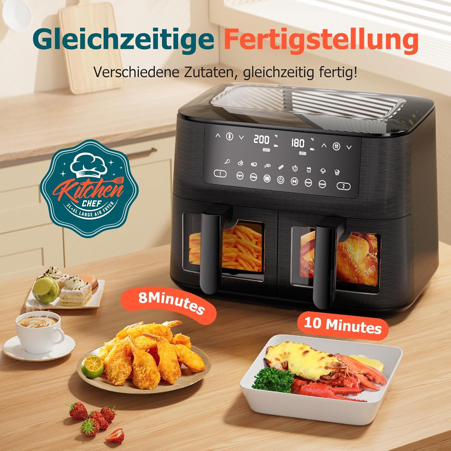 Heißluftfritteuse, 2 Kammern mit Sichtfenster, 9 l Airfryer, 2 Fächer, 9-in-1, Touchscreen, spülmaschinenfeste Körbe, antihaftbeschichtete Fritteusenkörbe, gesunde Fritteuse ohne Öl und fettarmes Kochen – Bild 6
