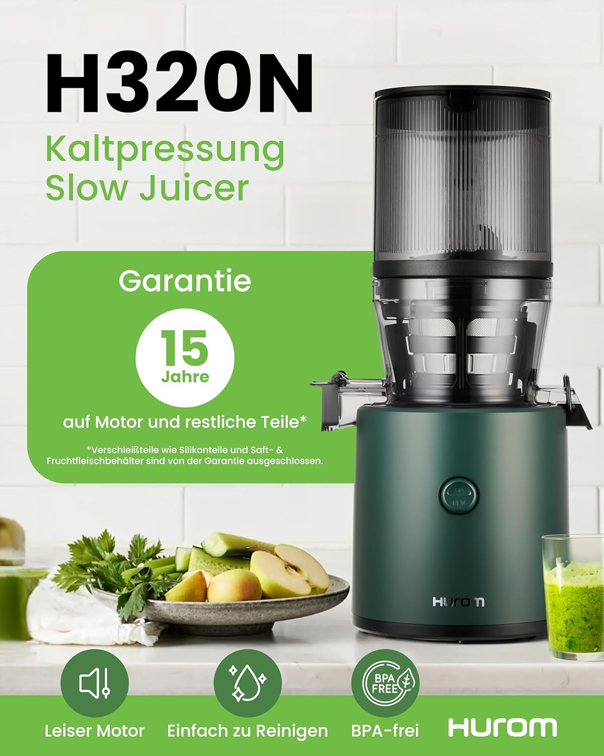 Hurom Slow Juicer | Entsafter für Gemüse und Obst | H320N | Elektrische Kaltpresse | Leiser Motor | Leicht zu reinigen mit großem Behälter und Siebfilter 2 L | 200 Watt | BPA-frei | Dunkelgrün – Bild 2