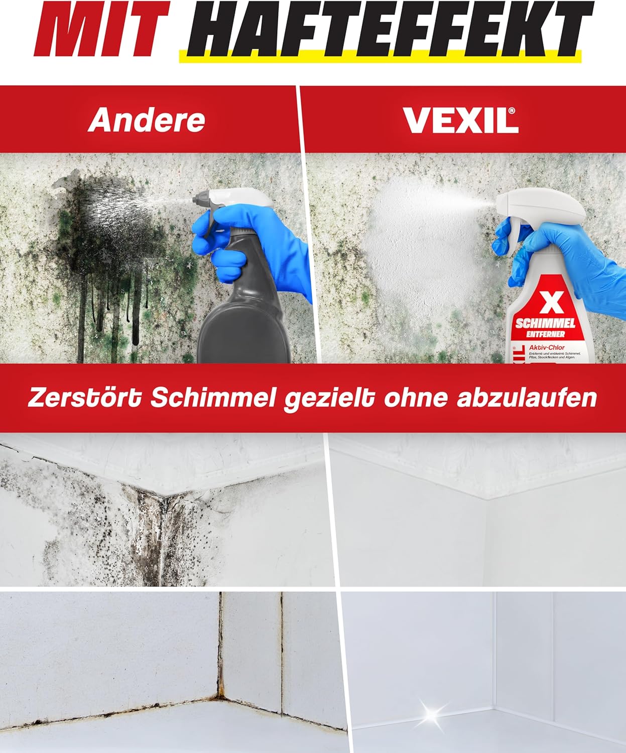 VEXIL Profi-Schimmelentferner für Wand, Bad, Fliesen, Fugen & mehr – mit Aktivchlor und Haftwirkung – Extra starkes Schimmelspray – auch als Fugenreiniger geeignet – 500 ml – Hergestellt in Deutschland – Bild 6