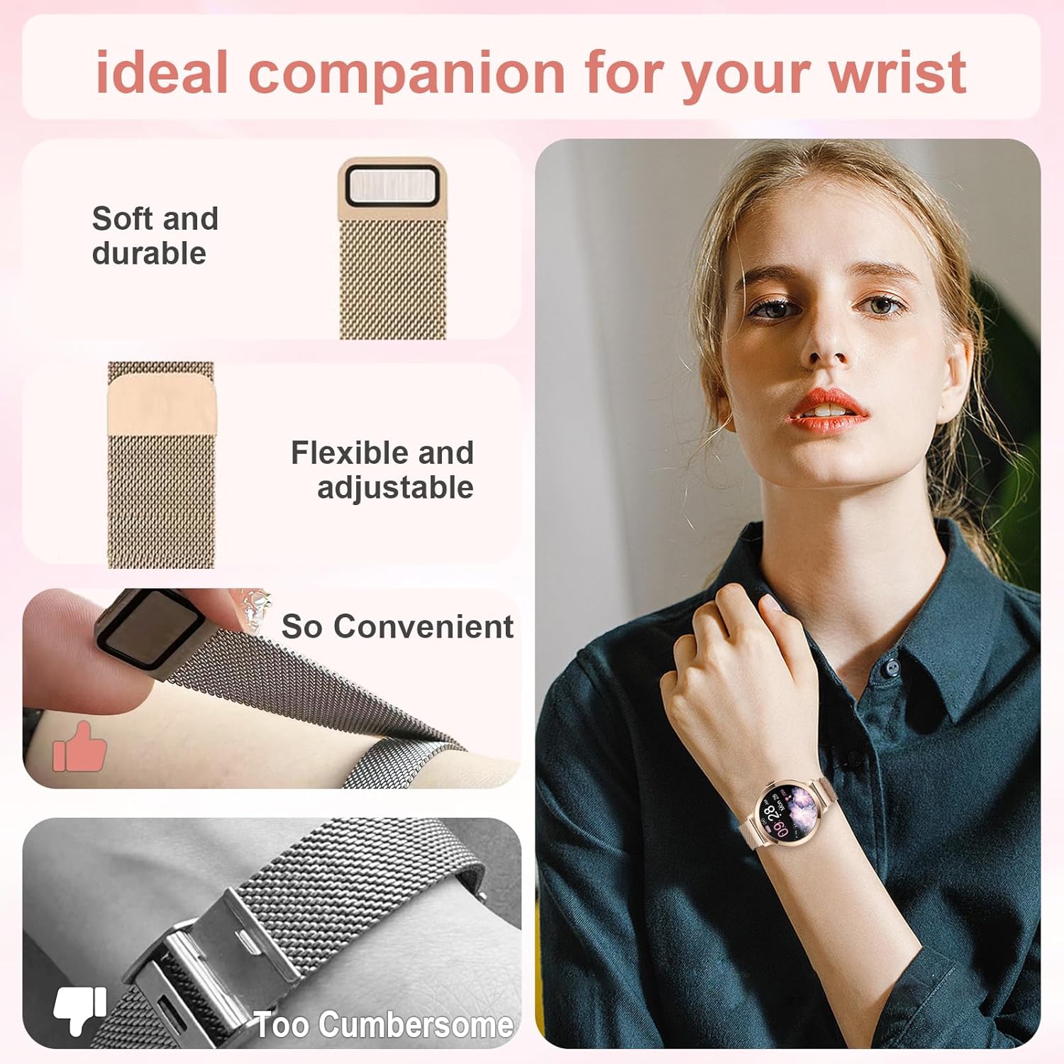 Efolen Damen Smartwatch (2 Armbänder), 1,1 Zoll HD AMOLED Display Smartwatch mit Telefonfunktion, Fitnessuhr, Sportuhr mit 120+ Sportmodi, Schlaftracking, Menstruationszyklus, Uhr für iOS/Android, Roségold – Bild 3