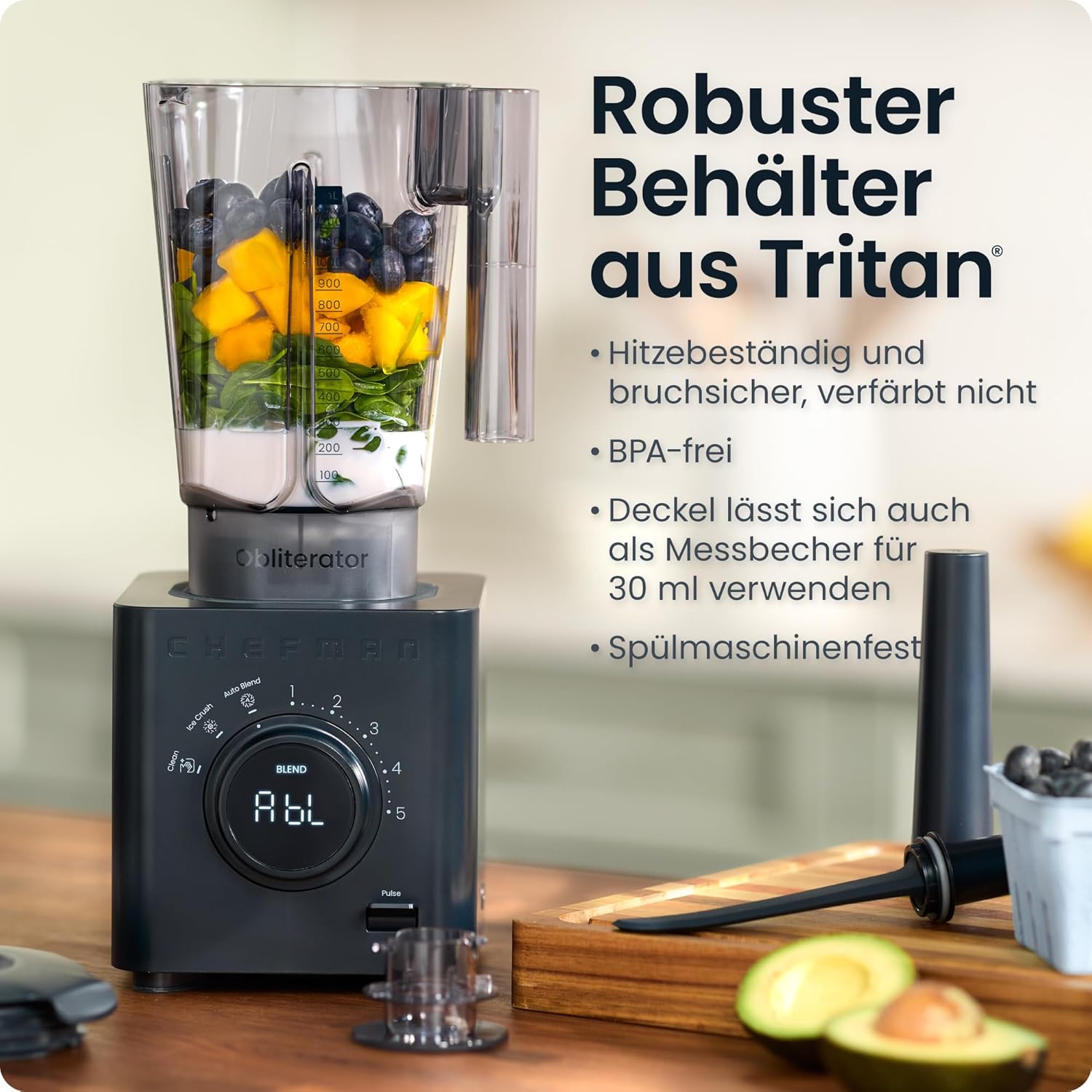 Chefman Obliterator 1,2-l-Mixer für Smoothies, 1380-W-Motor zum Zerkleinern von Eis, Nüssen und gefrorenen Früchten mit Edelstahlklinge, automatische Mischfunktion, inklusive 600-ml-Reisebehälter – Midnight – Bild 5