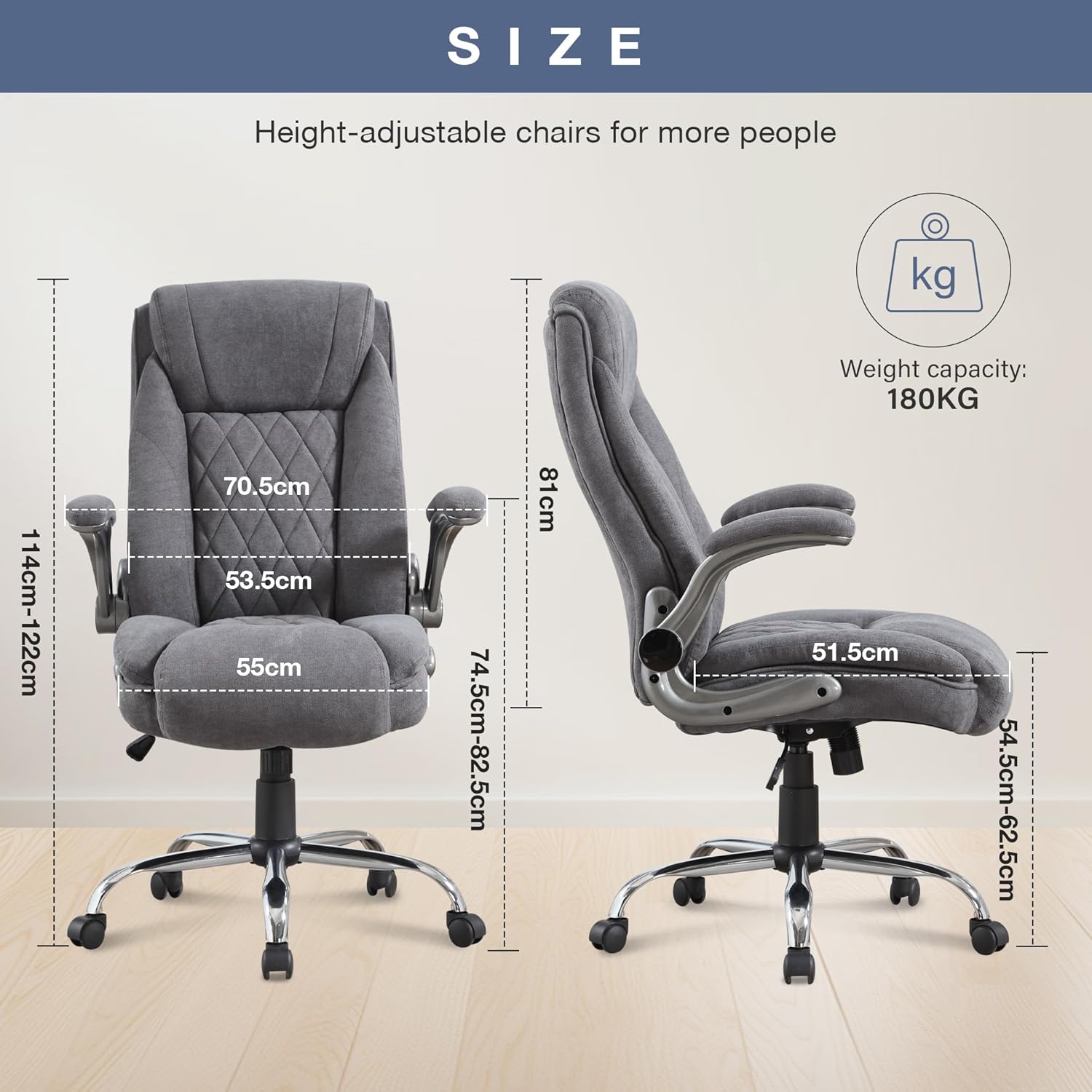 Bosmiller Ergonomischer Bürostuhl, 180 kg, verstellbarer Schreibtischstuhl mit hoher Rückenlehne und breiter Sitzfläche, klappbare Armlehne, Bürostuhl für Büro, Computer, Chefsessel – Bild 2