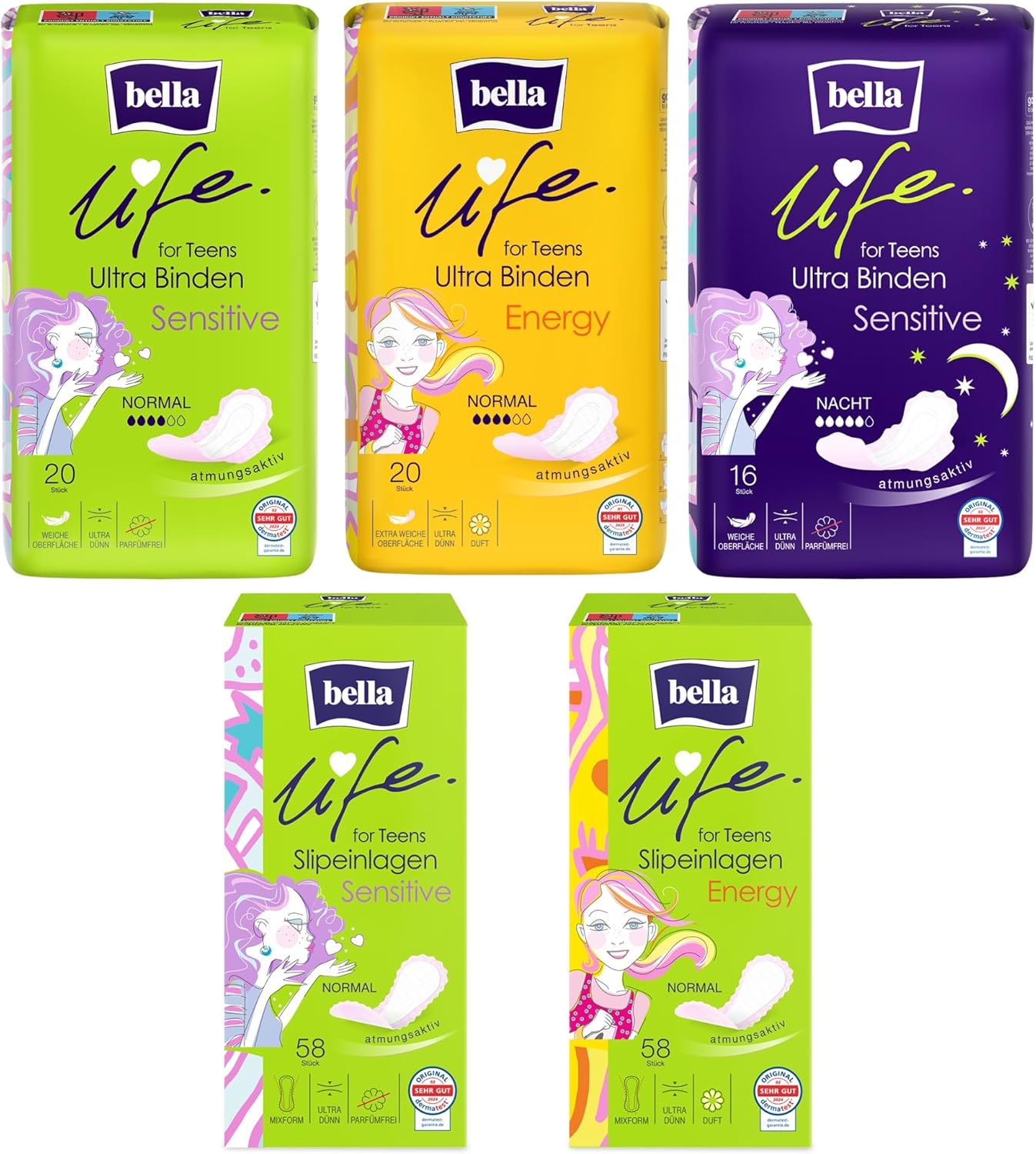 Bella Life for Teens Set für die erste Periode, 172er-Set, Menstruationsbox für Mädchen, Damenbinden, Slipeinlagen, Musterset