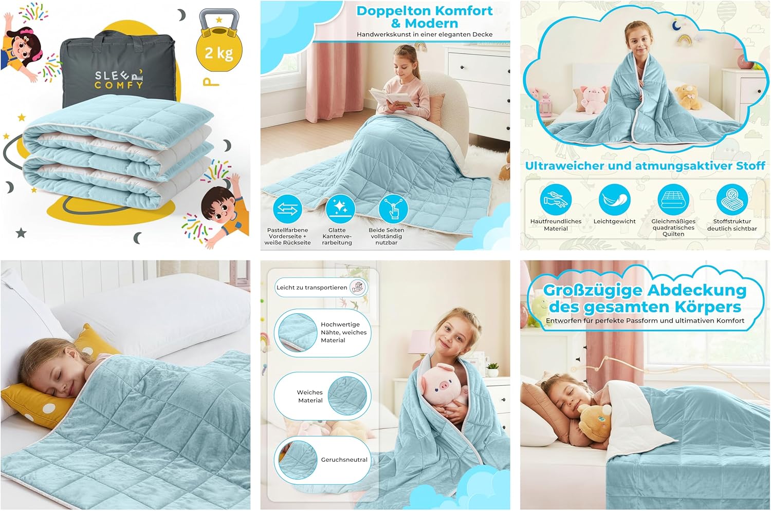 SLEEP COMFY Gewichtsdecke, 2,4 kg Therapiedecke zum Stressabbau und bei Angstzuständen, hypoallergene Glasperlen, weiche und kühlende Baumwolle und Öko-Tex (blau, 90 x 120 cm) – Bild 7