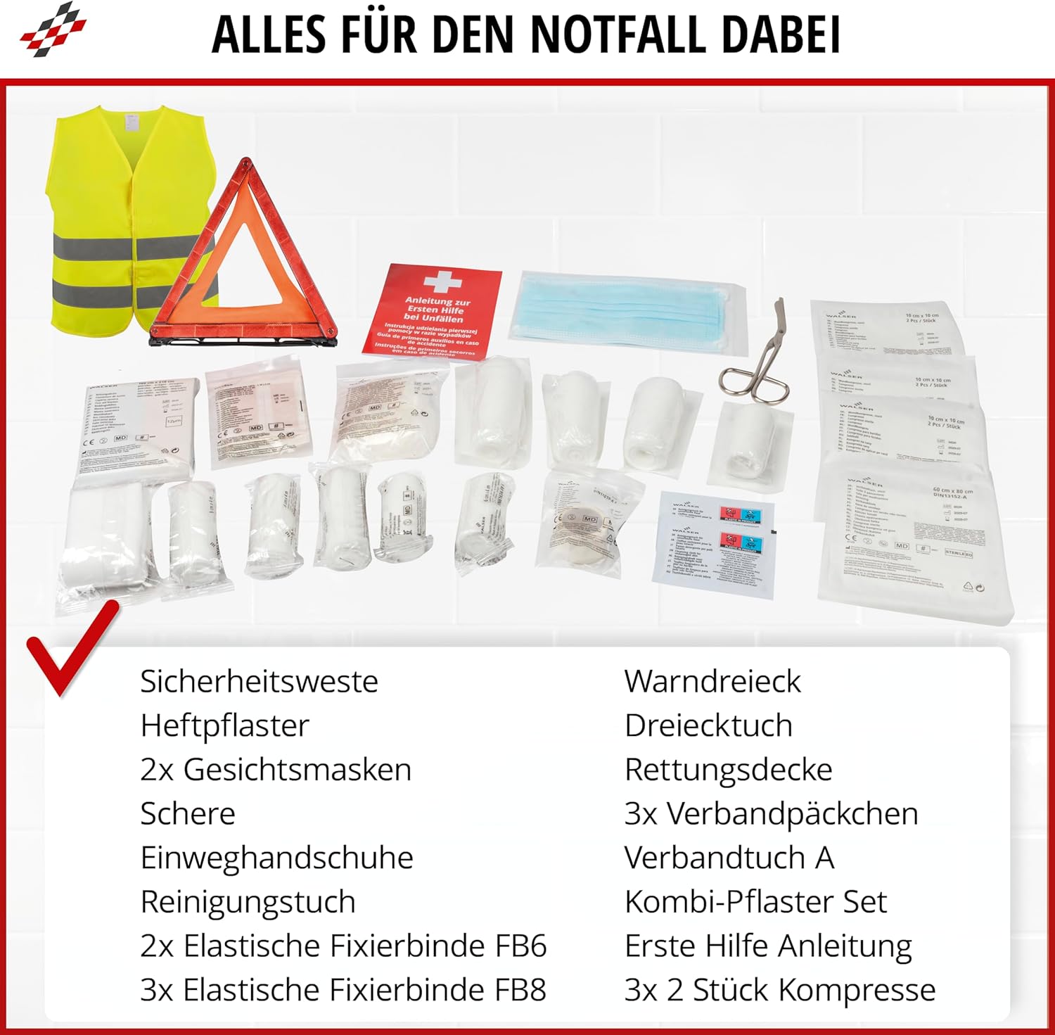 WALSER Kfz-Verbandstasche 2026 nach StVO konform, 3-in-1 Kfz-Verbandskasten mit Pannendreieck und Warnweste, Kombitasche, Verbandskasten, Warnweste PKW + Warndreieck PKW DIN 13164 – Bild 3