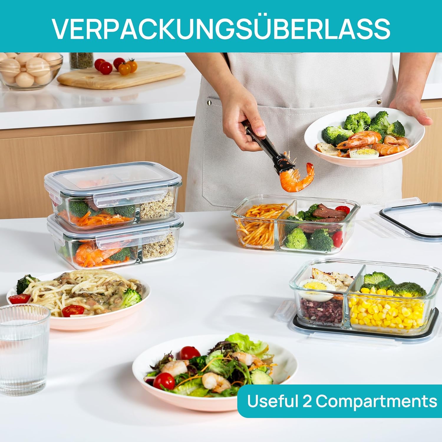 Vtopmart 5er-Pack 975 ml Meal-Prep-Boxen, Glasbehälter mit Deckel, Frischhaltedosen aus Glas mit Deckel für Mikrowelle, Backofen, Gefrierschrank und Spülmaschine – Bild 5